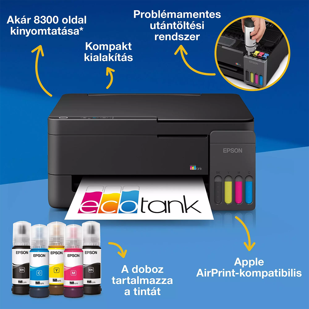 Epson EcoTank nyomtató tintapalackokkal és promóciós szöveggel kék háttéren.