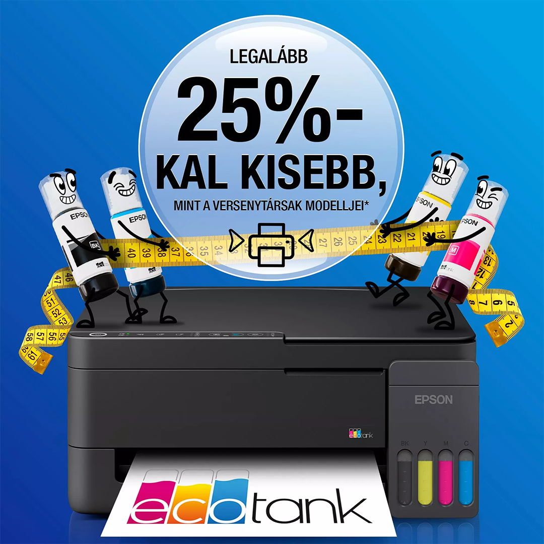 Epson EcoTank nyomtató négy animált tintásflakonnal, amelyek mérőszalagot húznak át rajta, kék háttér előtt.