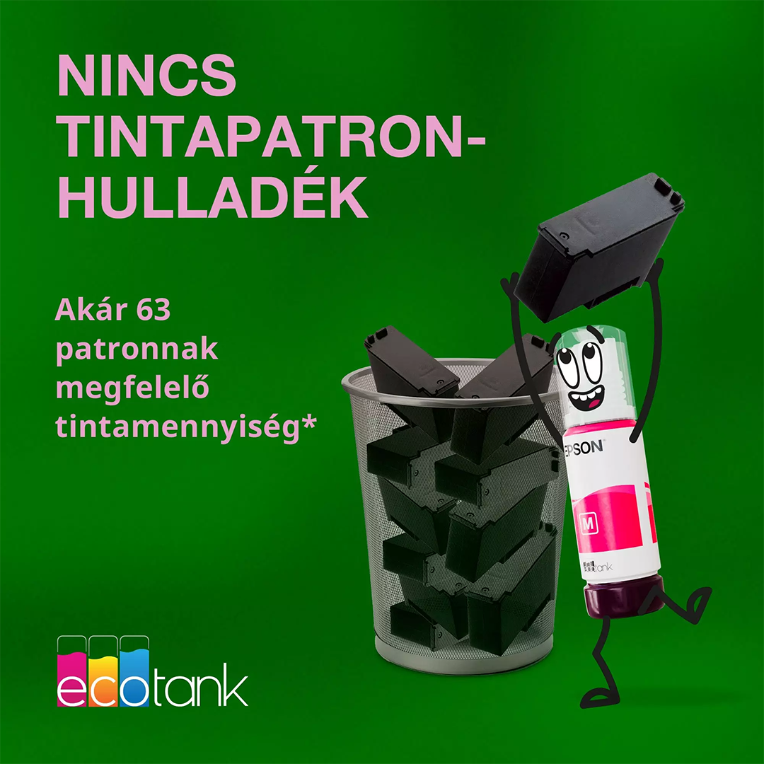 Egy rajzfilmes tintásüveg fekete patront dob egy kukába zöld háttér előtt.