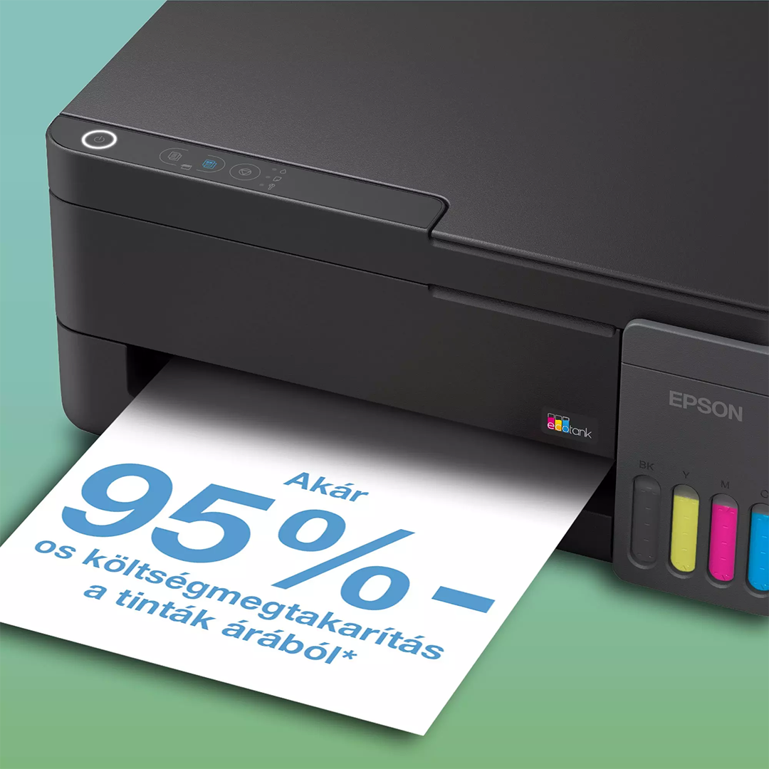 Epson nyomtató, amely tintamegtakarítást hirdető magyar szöveges lapot nyomtat.