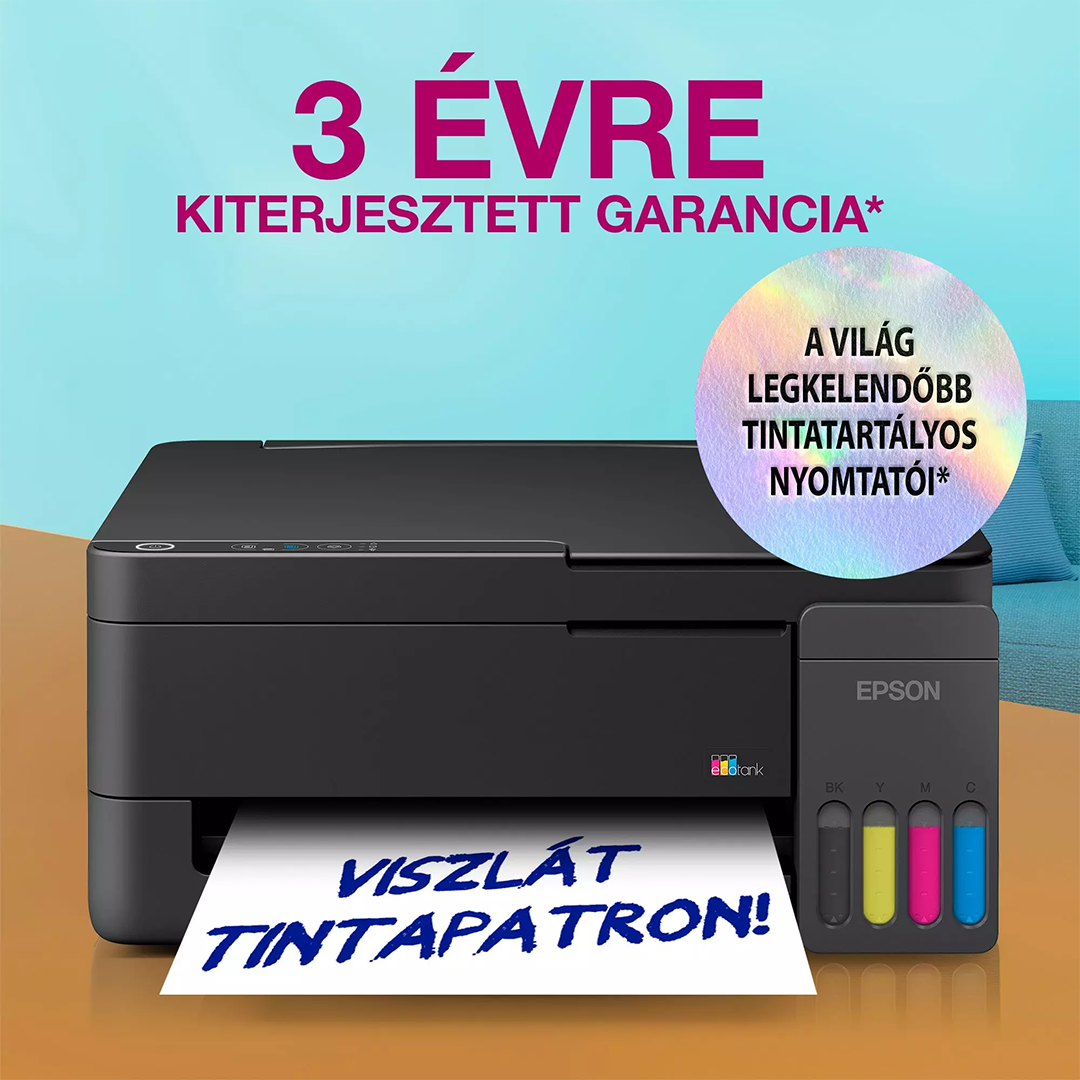Fekete tintasugaras nyomtató faasztalon, látható tartályokkal és 3 év garanciáról szóló szöveggel.