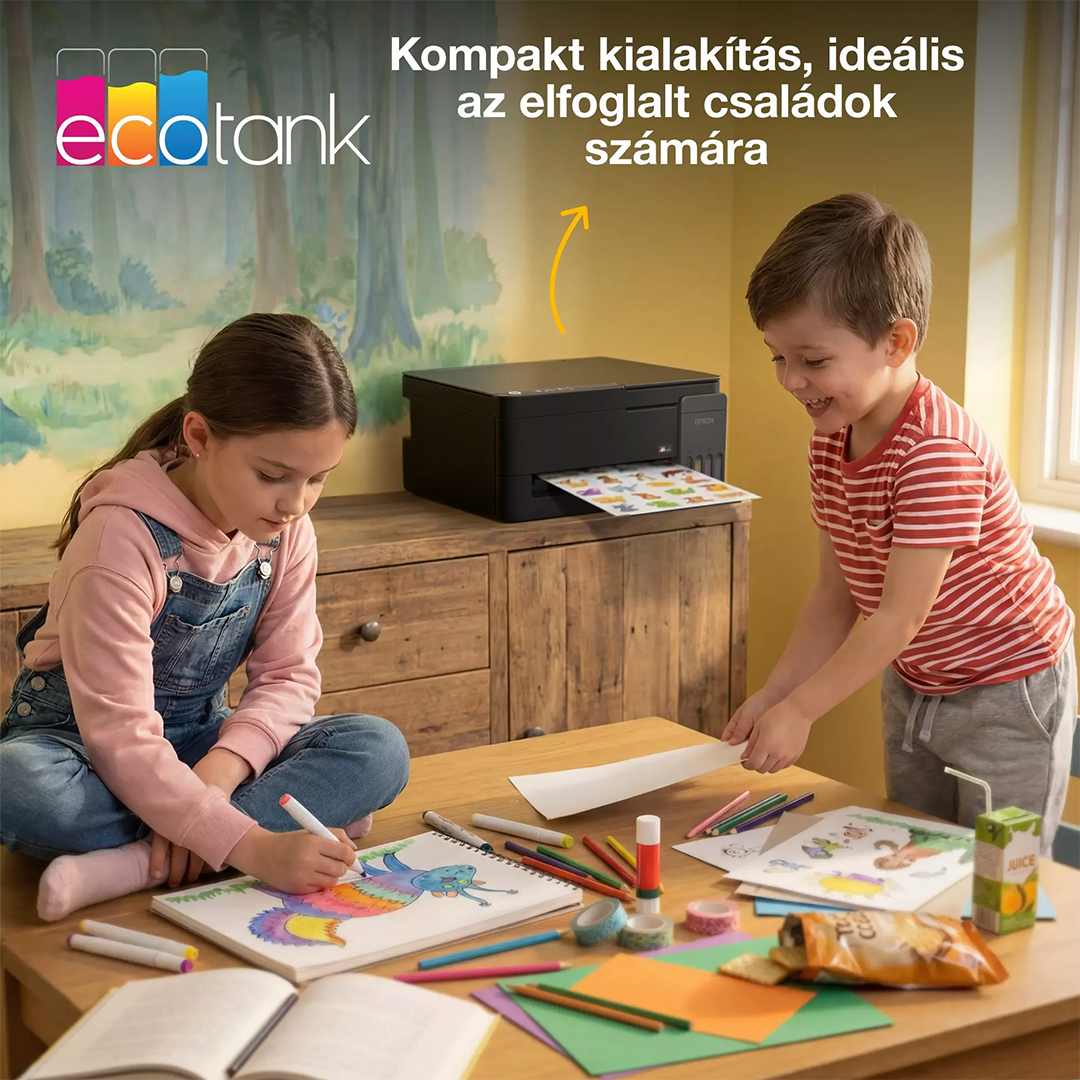 Gyerekek rajzolnak és kézműveskednek egy faasztalnál, a háttérben egy EcoTank nyomtatóval.