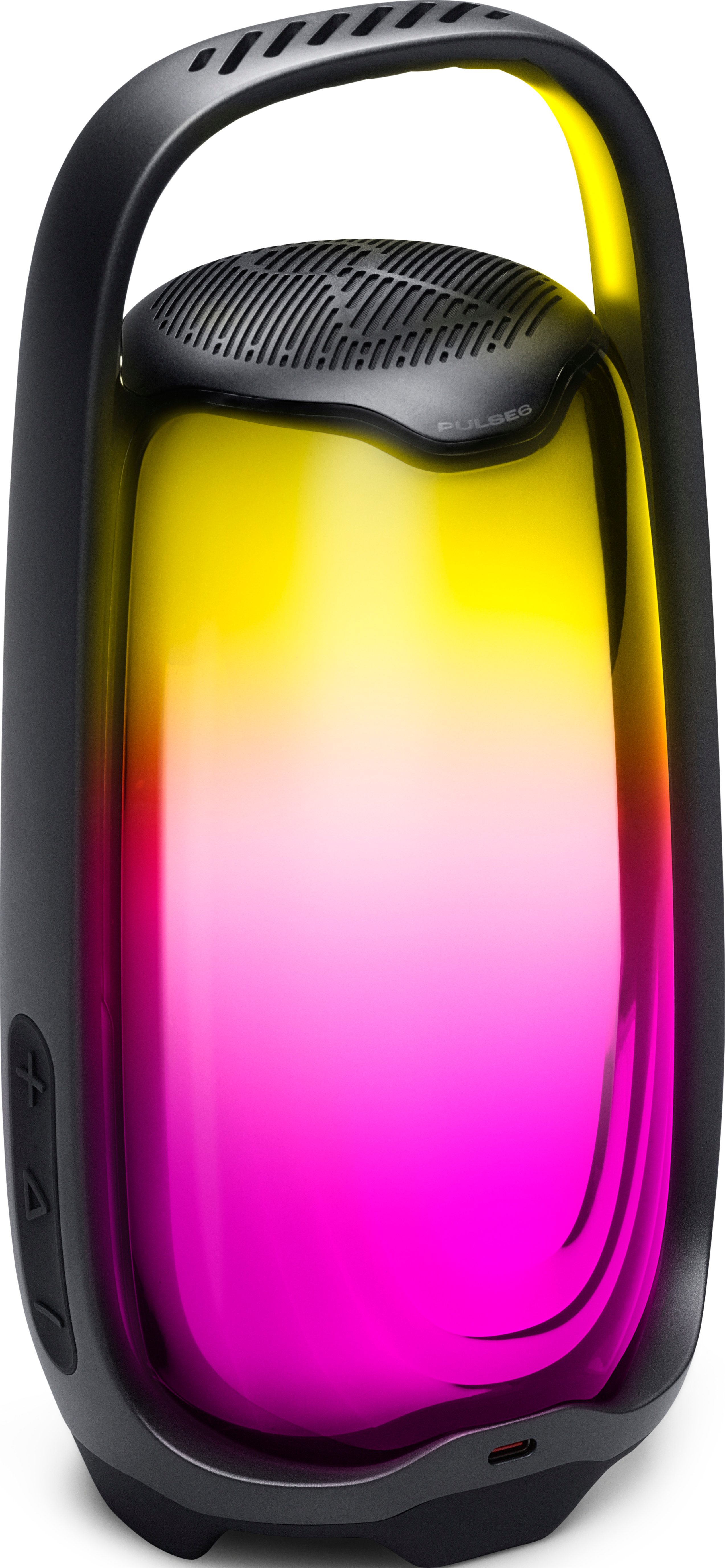 Haut-parleur portable noir avec des lumières LED jaune et rose éclatantes et une poignée intégrée.