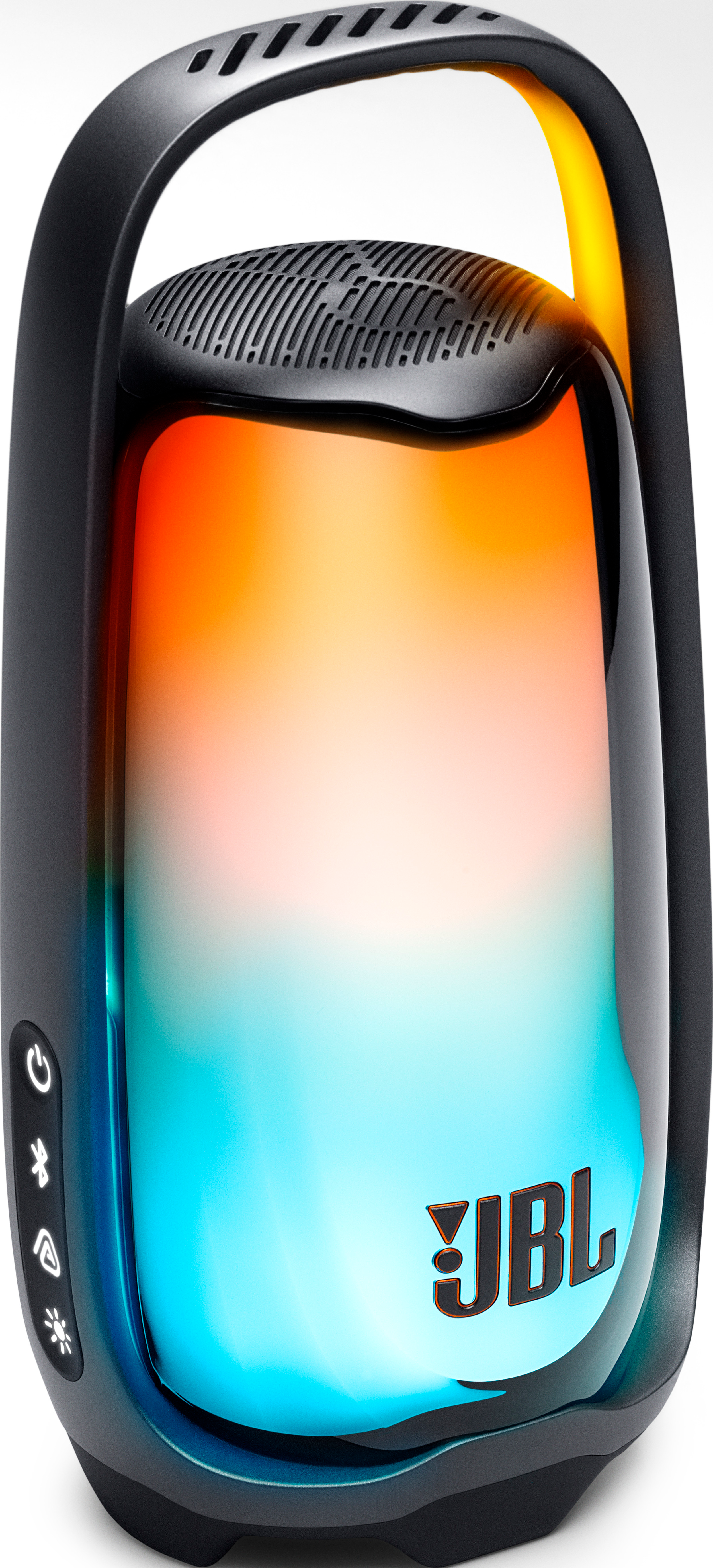 Haut-parleur Bluetooth JBL avec éclairage LED intégré en dégradé orange-bleu et une poignée de transport.
