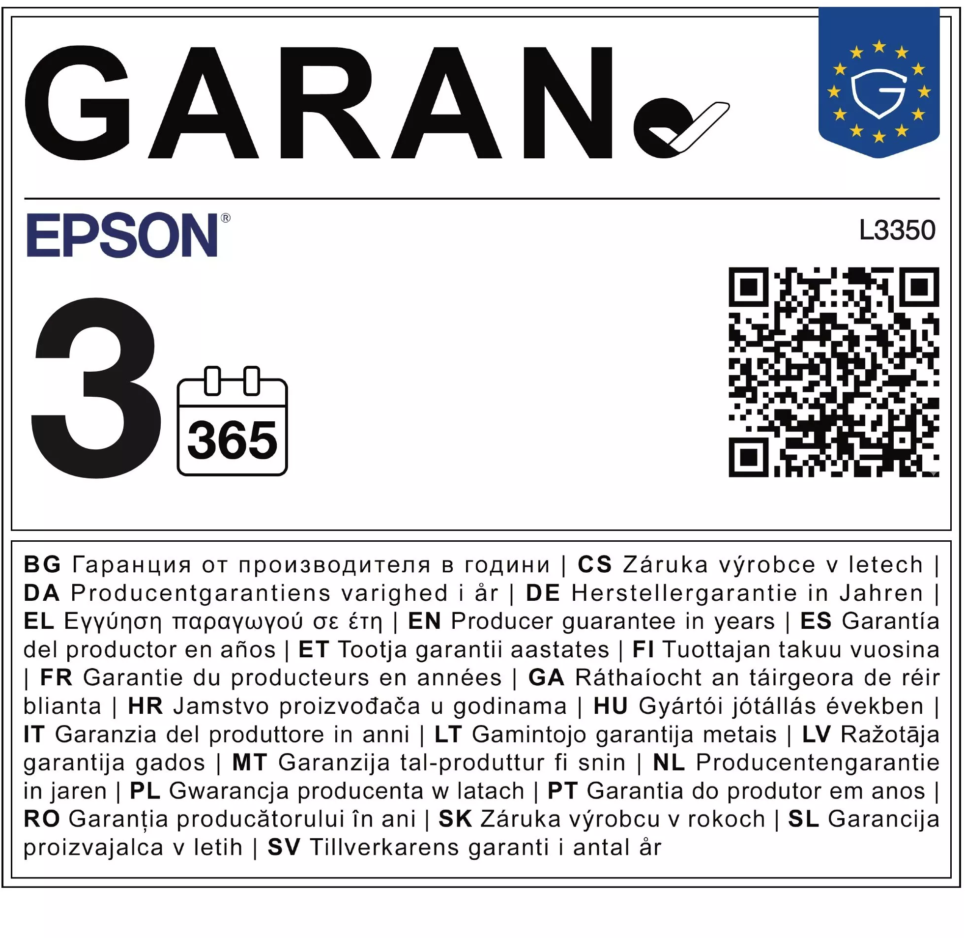 Epson 3 éves garancia címke QR kóddal és többnyelvű szöveggel.