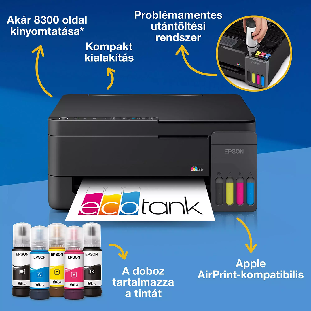 Epson EcoTank nyomtató tintatartályokkal, flakonokkal és funkciókkal kék háttér előtt.
