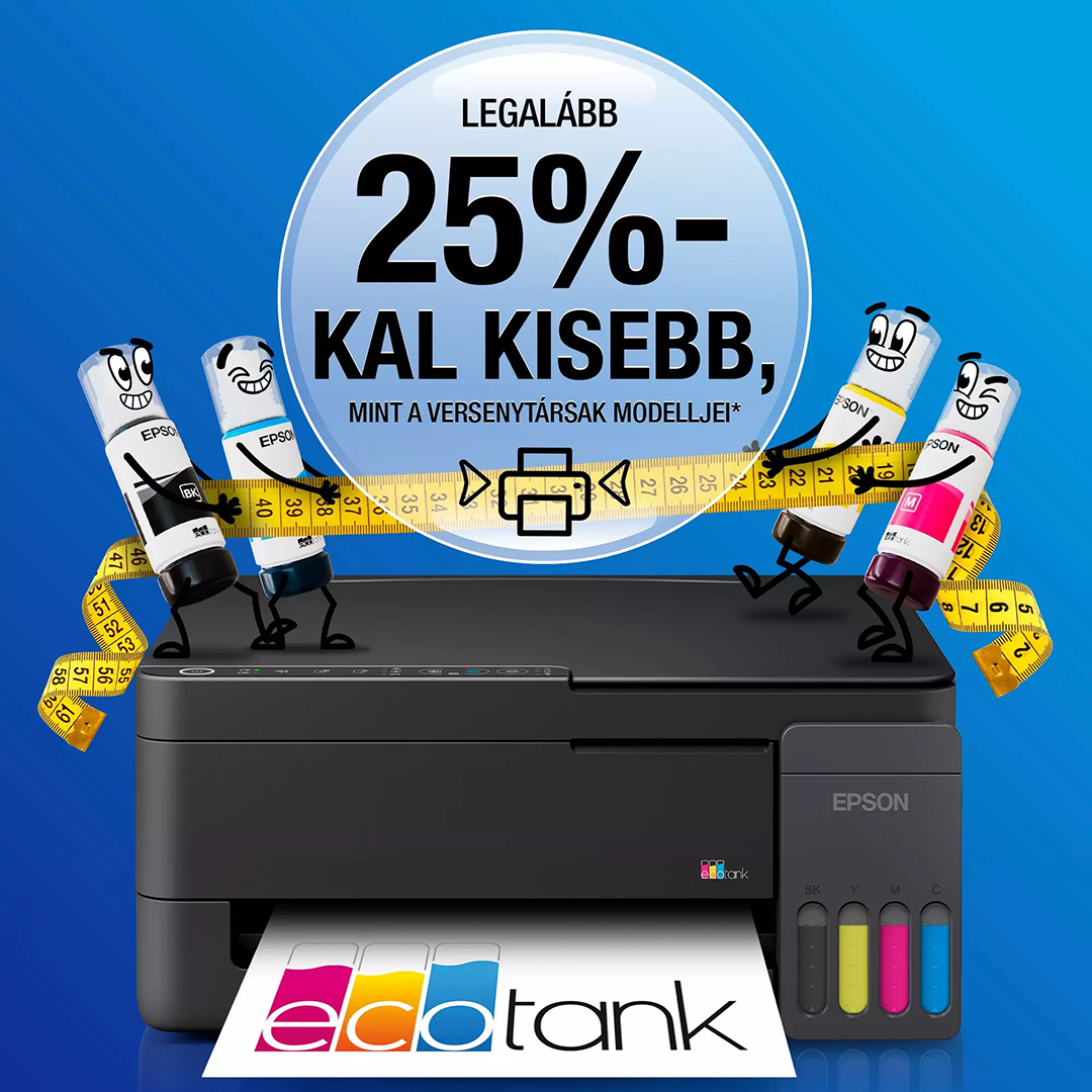 Egy Epson EcoTank nyomtató rajzolt tintapalackokkal, mérőszalaggal és promóciós szöveggel kék háttér előtt.