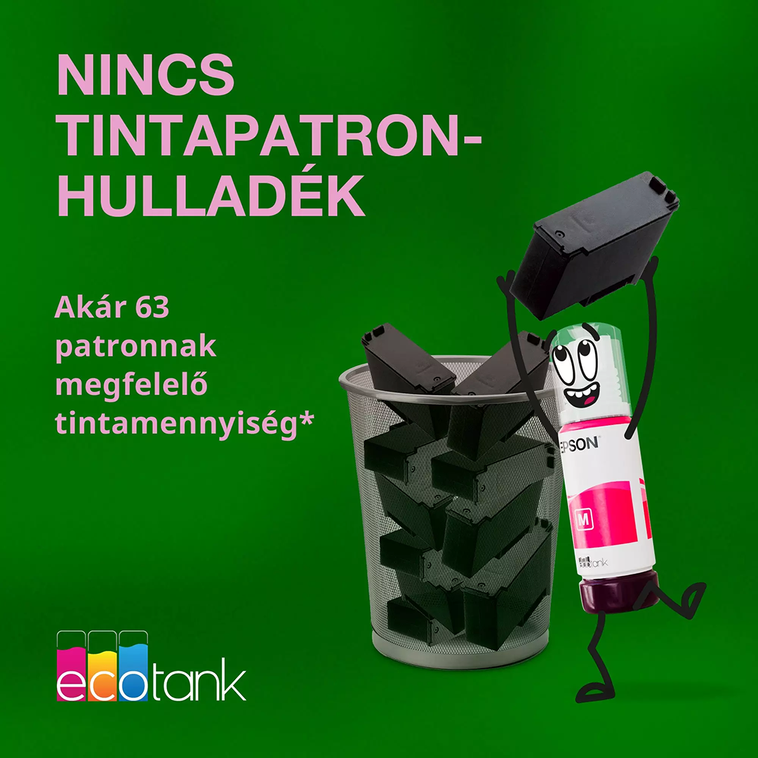 Egy animált Epson EcoTank tintapalack régi nyomtatópatronokat dob egy szemetesbe.