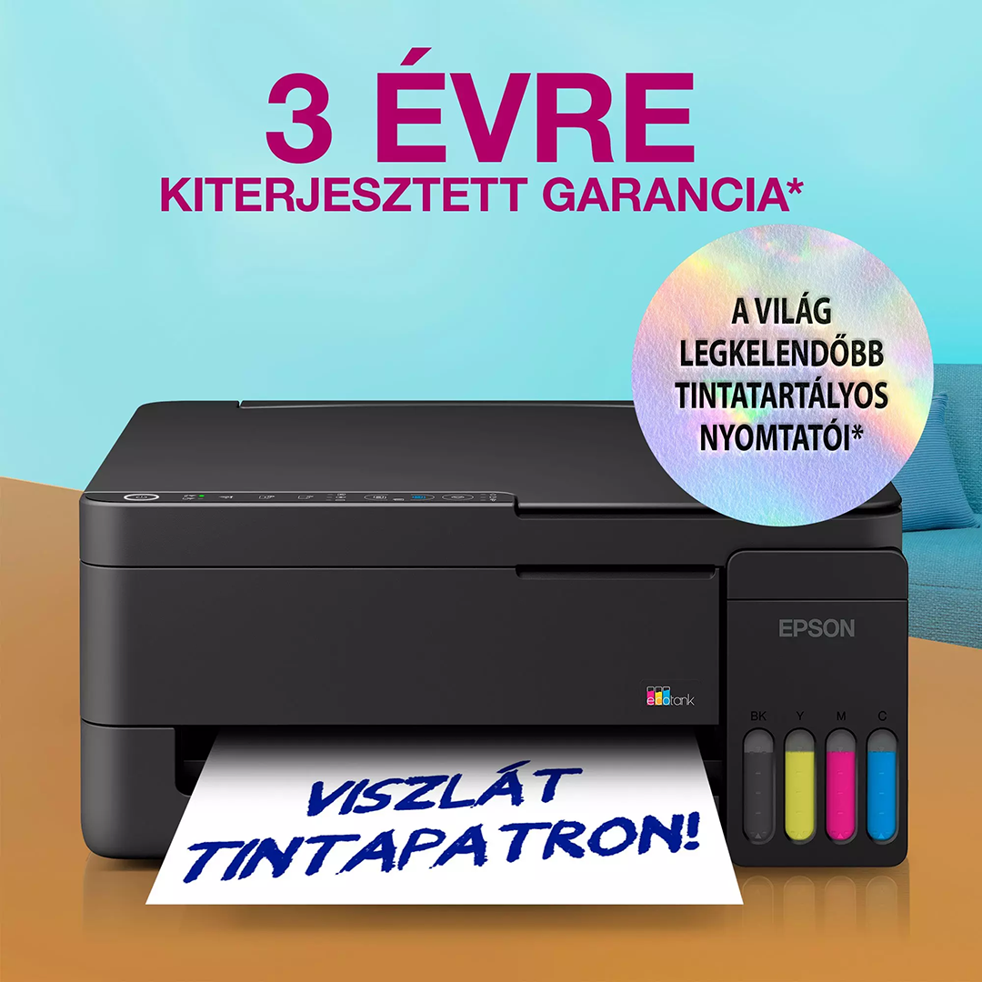 Egy fekete Epson EcoTank nyomtató magyar feliratú papírt nyomtat.