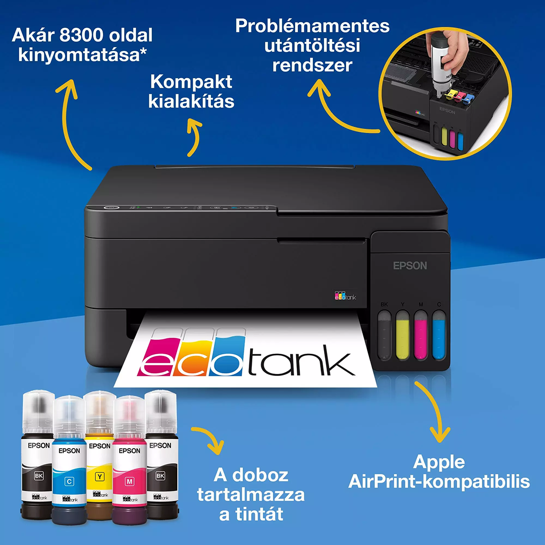 Fekete Epson EcoTank nyomtató tintapalackokkal és magyar feliratokkal.