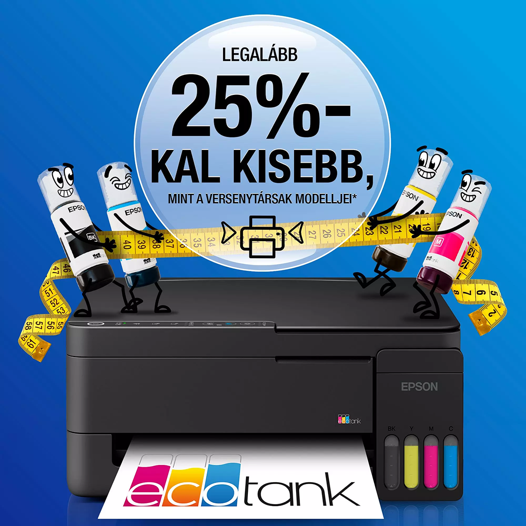 Epson EcoTank nyomtató négy animált tintapalackkal, amelyek mérőszalagot húznak. Magyar felirat.