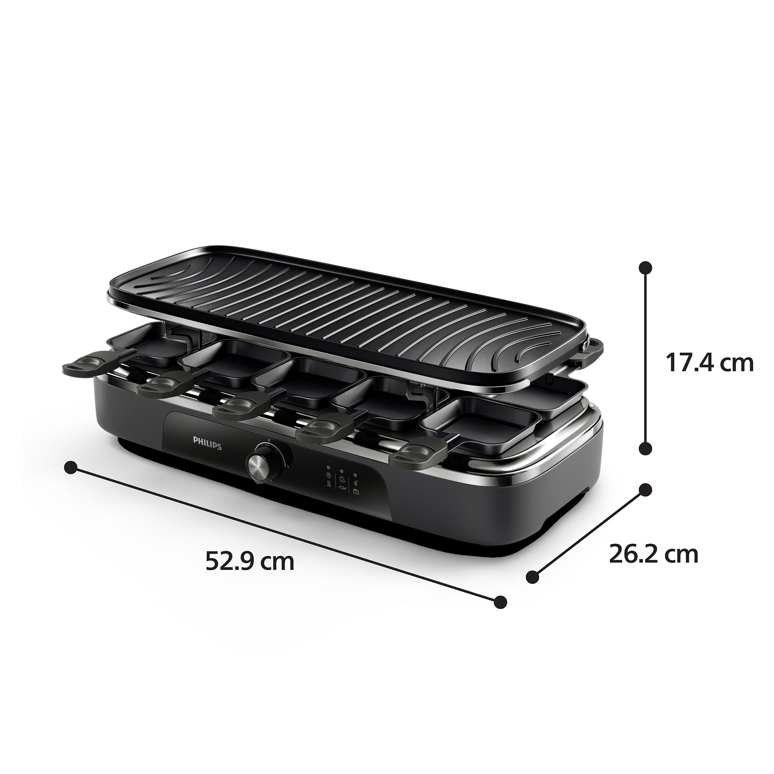 Schwarzer Philips Raclette-Grill mit Abmessungen von 52.9 x 26.2 x 17.4 cm.