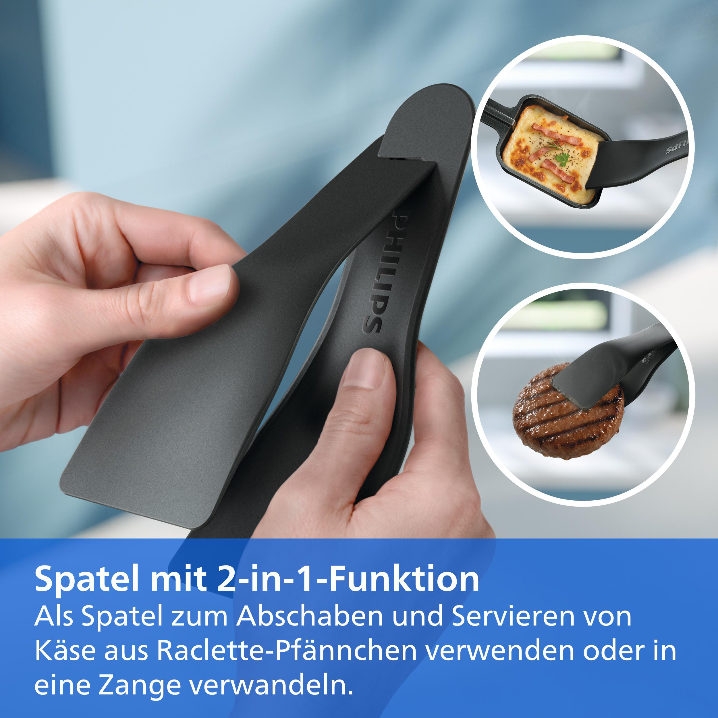 Schwarzer 2-in-1 Spatel von Philips, nutzbar als Schaber oder Zange für Raclette.