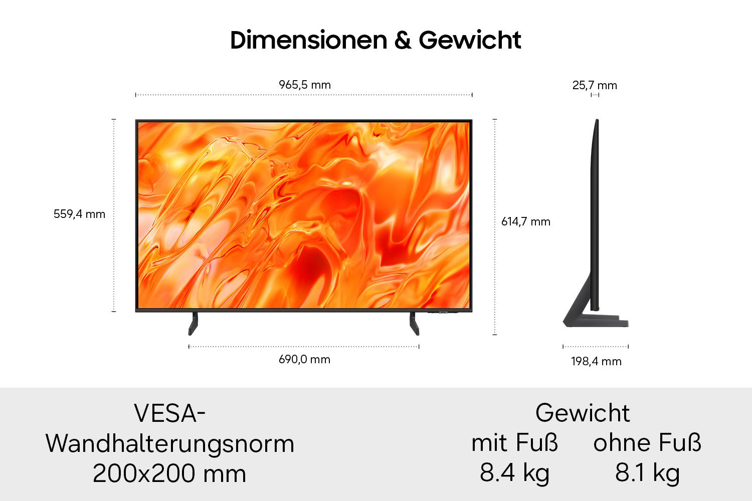 Technische Zeichnung der TV-Abmessungen mit Breite, Höhe, Tiefe, VESA-Norm und Gewicht mit und ohne Standfuß.