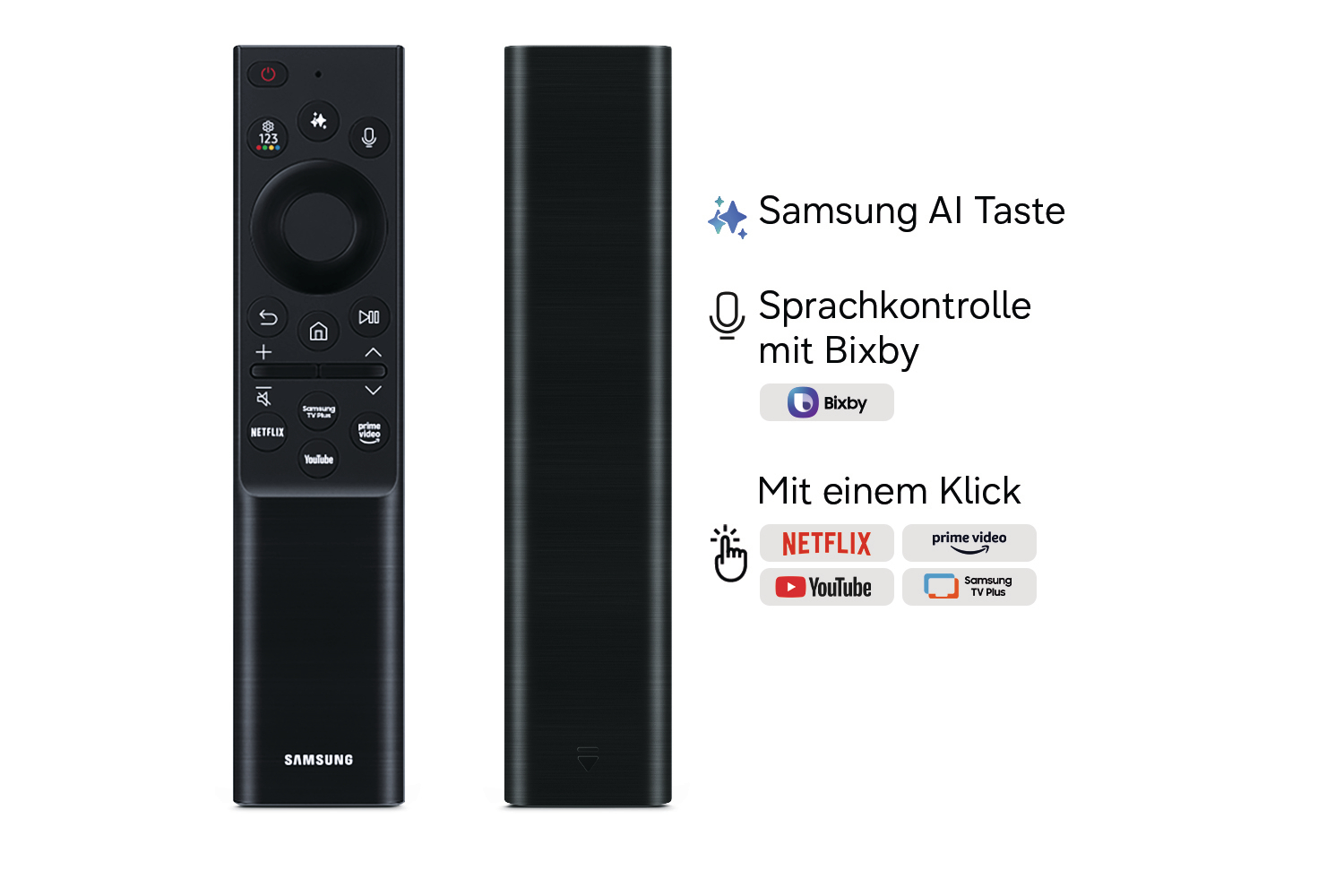 Schwarze Samsung-Fernbedienung mit Tasten und App-Symbolen sowie erklärendem Text auf weißem Hintergrund.