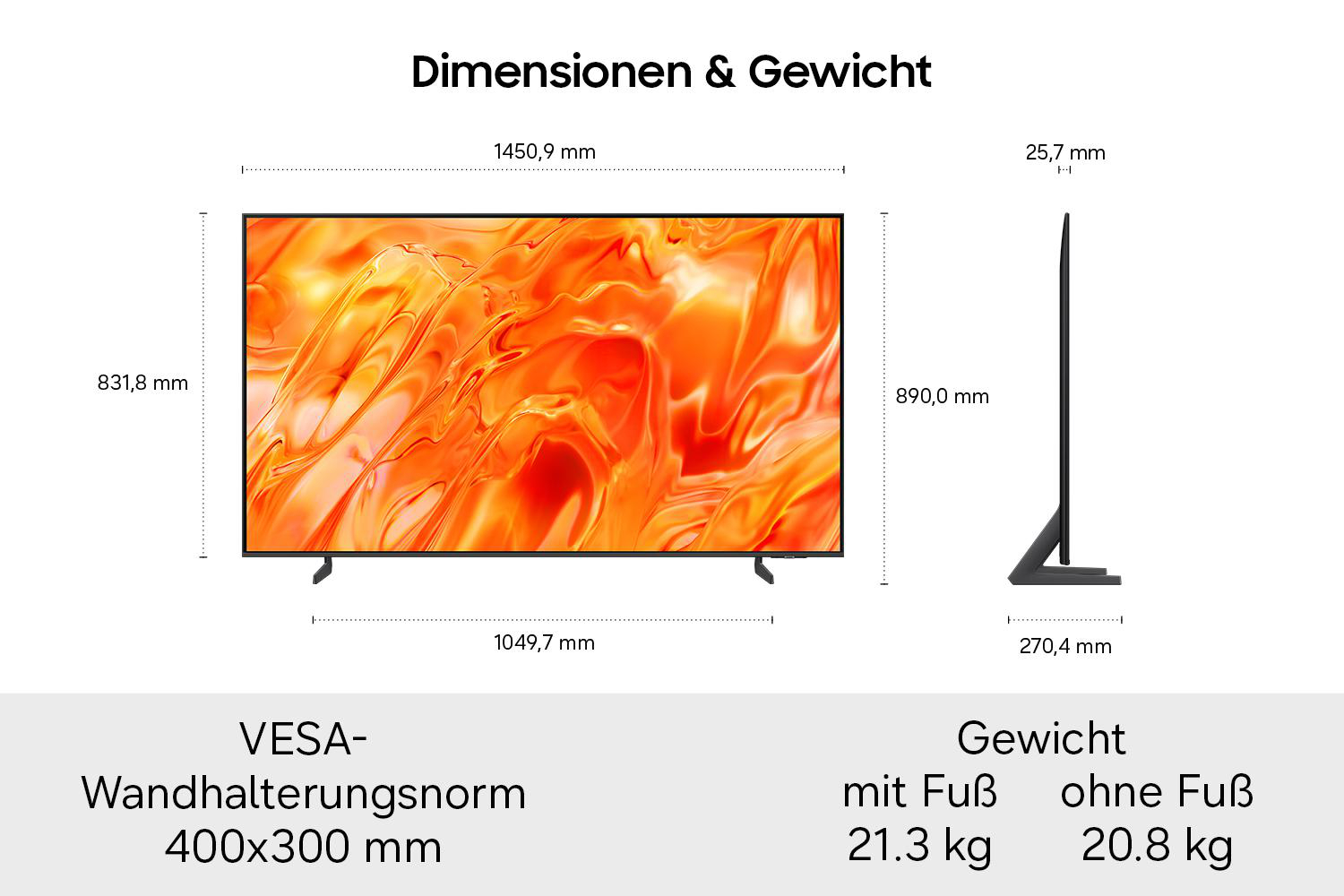 Diagramm zeigt Fernseher-Abmessungen: 1450,9 x 831,8 mm, Tiefe 25,7 mm, VESA 400x300, Gewicht mit Fuß 21,3 kg.
