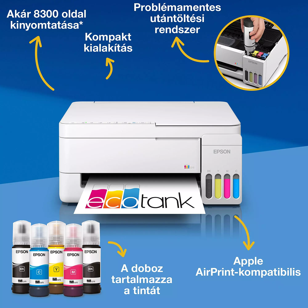 Epson EcoTank nyomtató tintatartályokkal és öt tintapalackkal kék háttéren.