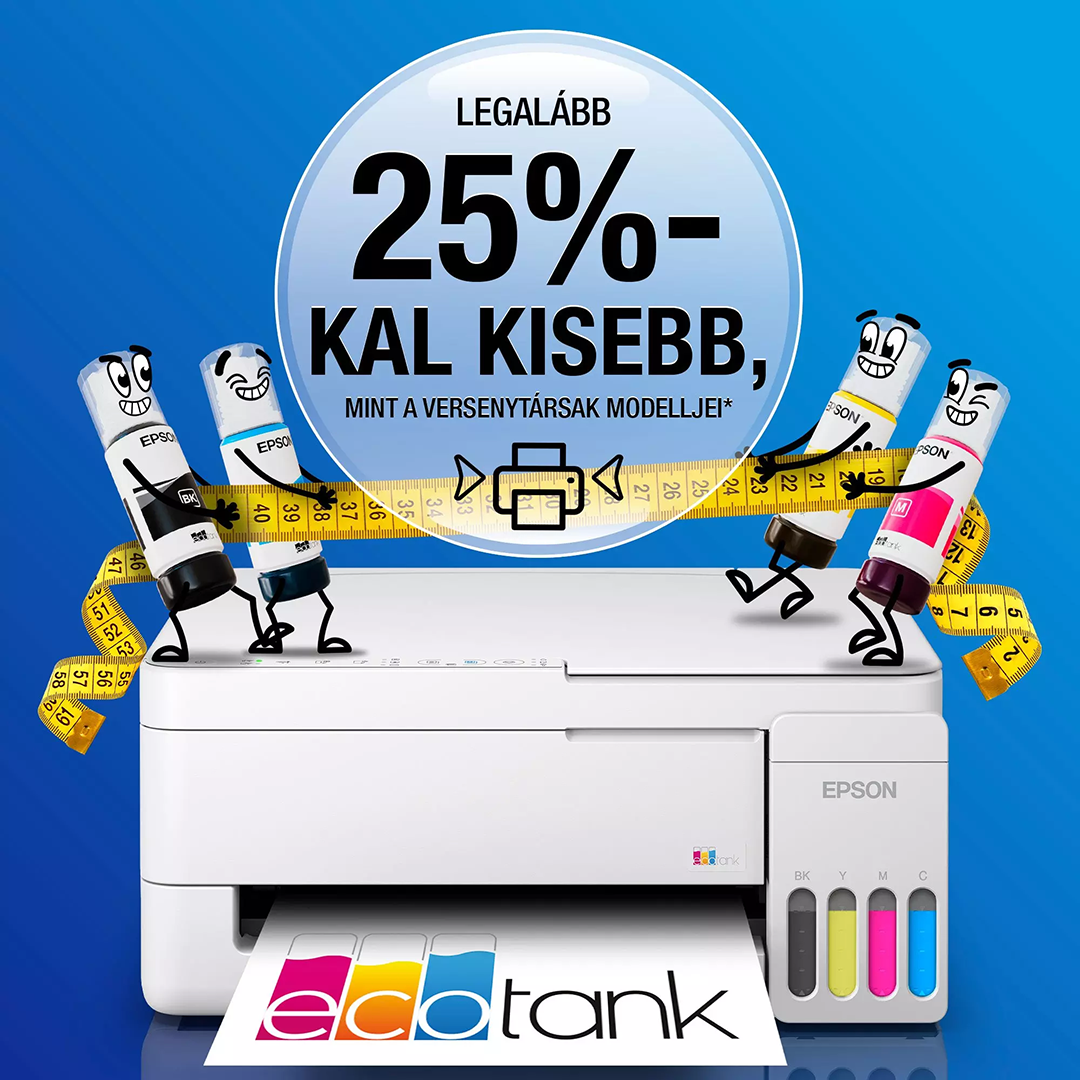 Egy Epson EcoTank nyomtató rajzfilmes tintaflakonokkal, amelyek mérőszalagot tartanak.