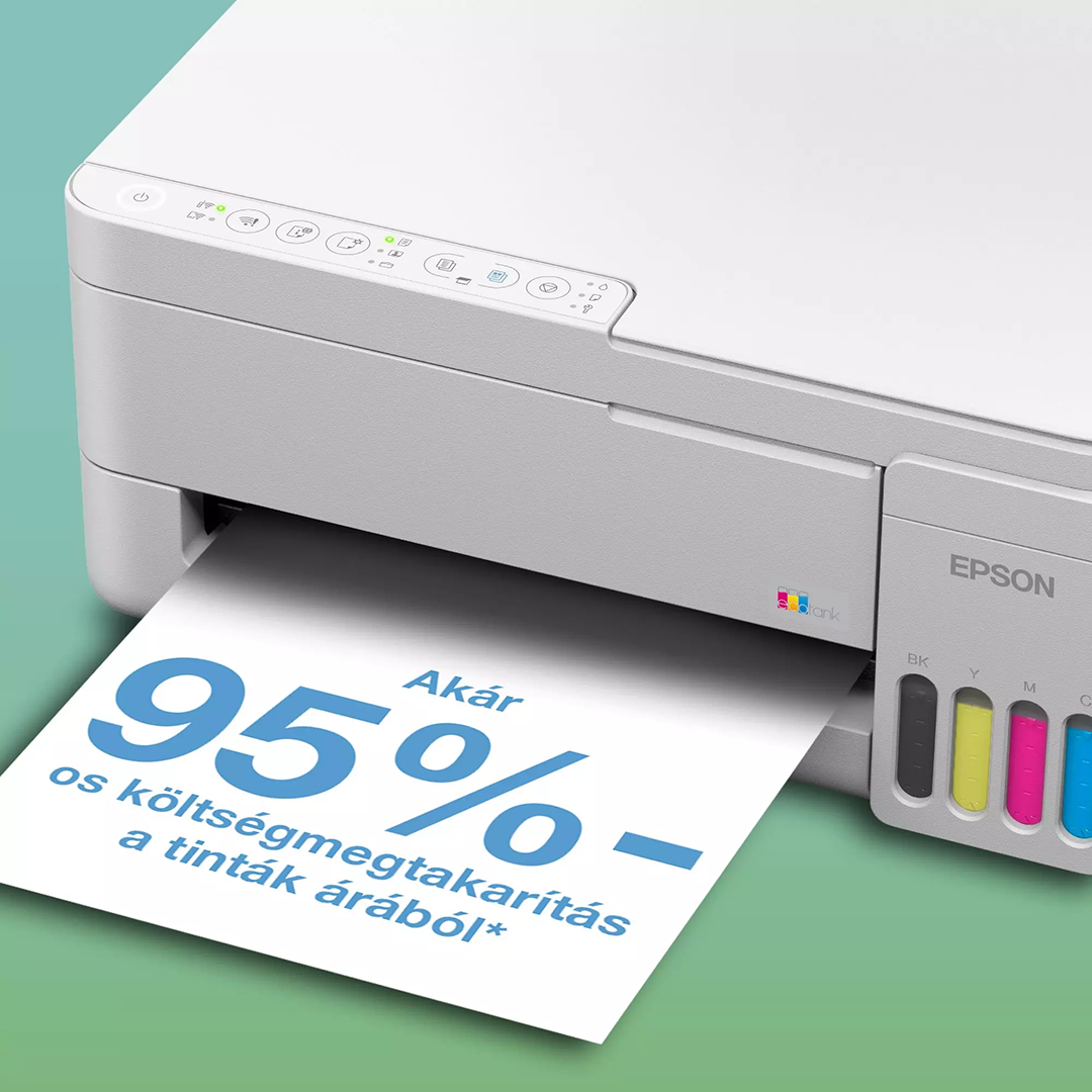 Egy fehér Epson nyomtató papírt nyomtat kék felirattal és százalékos jelzéssel.