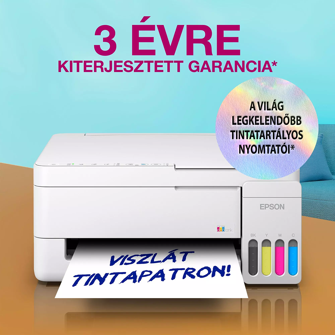 Egy fehér EcoTank nyomtató fa felületen, papíron lévő nyomtatott szöveggel.