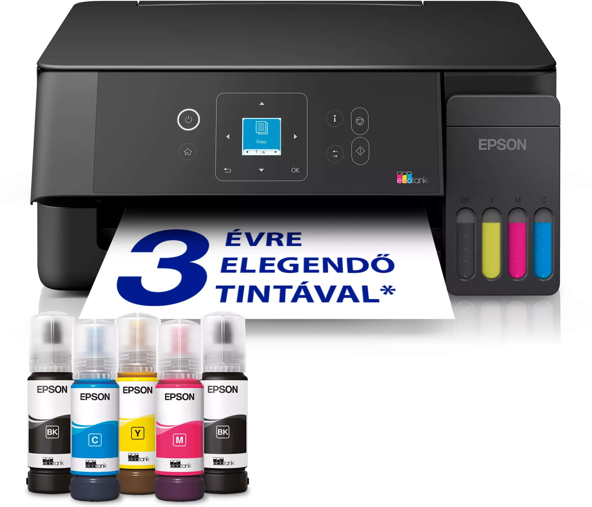 Epson EcoTank nyomtató tintatartályokkal és öt tintapalackkal fekete háttér előtt.