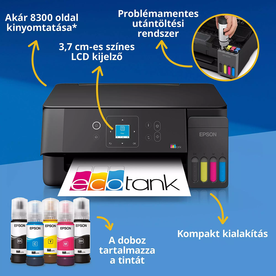 Epson EcoTank nyomtató tintatartályokkal, LCD képernyővel és öt tintapalackkal kék háttérrel, magyar feliratokkal.