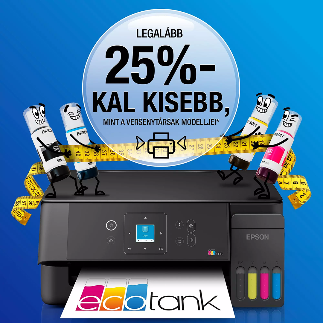 Epson nyomtató négy színes tintásflakon rajzfigura karakterrel, akik mérőszalagot tartanak, kék háttér előtt.