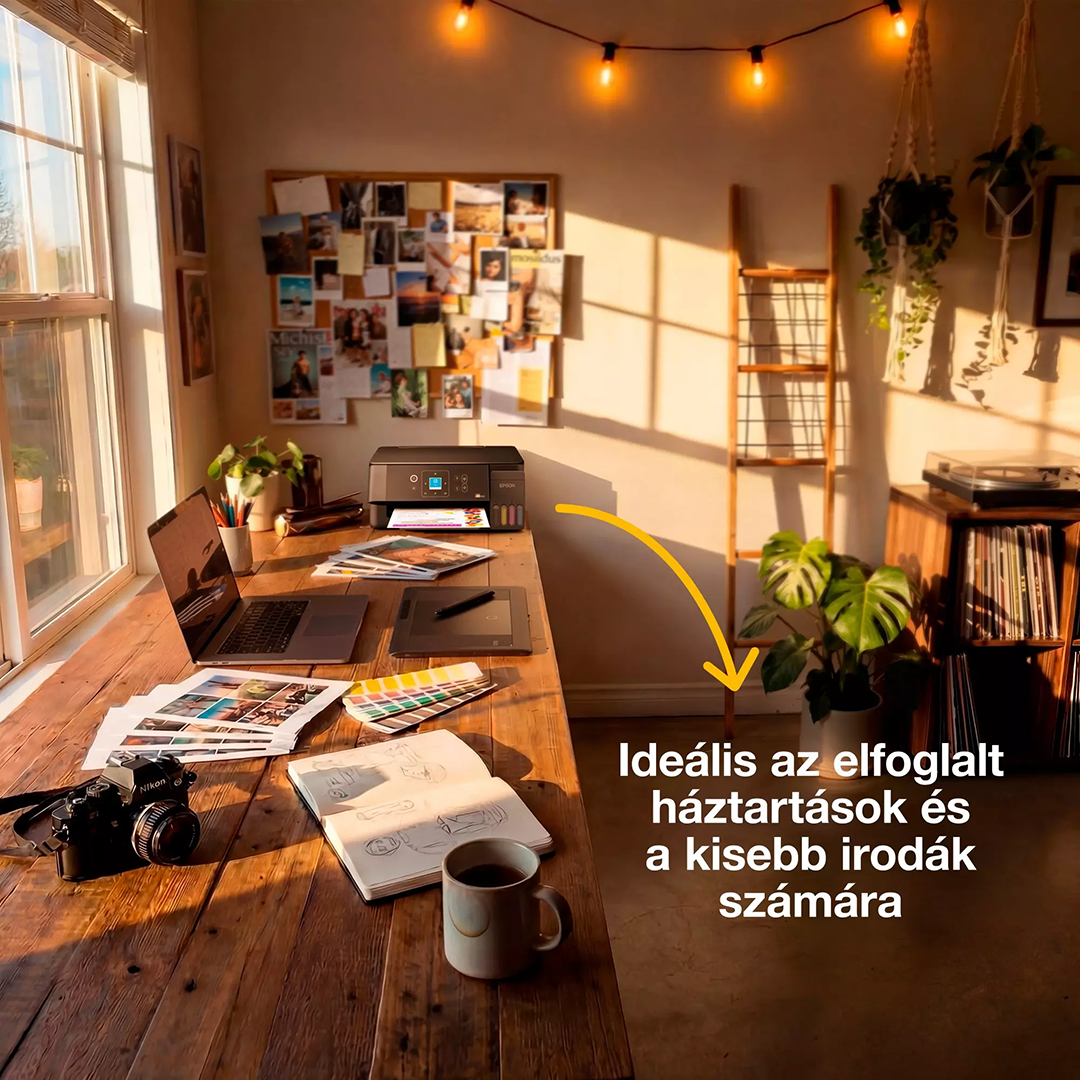 Napsütéses, otthoni iroda fa íróasztallal, laptoppal, nyomtatóval, kamerával, jegyzetfüzettel és kávéscsészével.