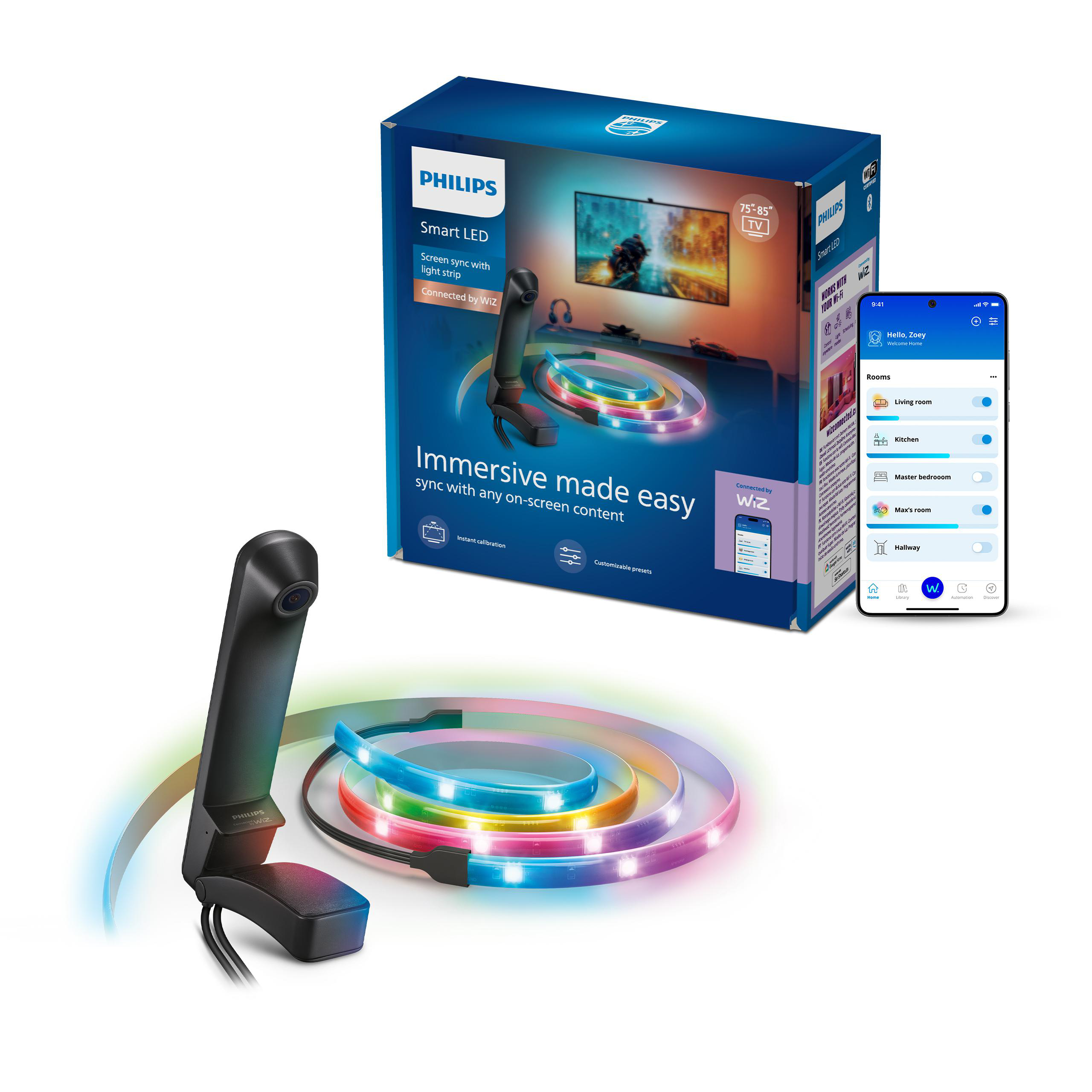 Philips Smart LED-Lichtband mit Kamera, App-Oberfläche und Produktverpackung auf weißem Hintergrund.