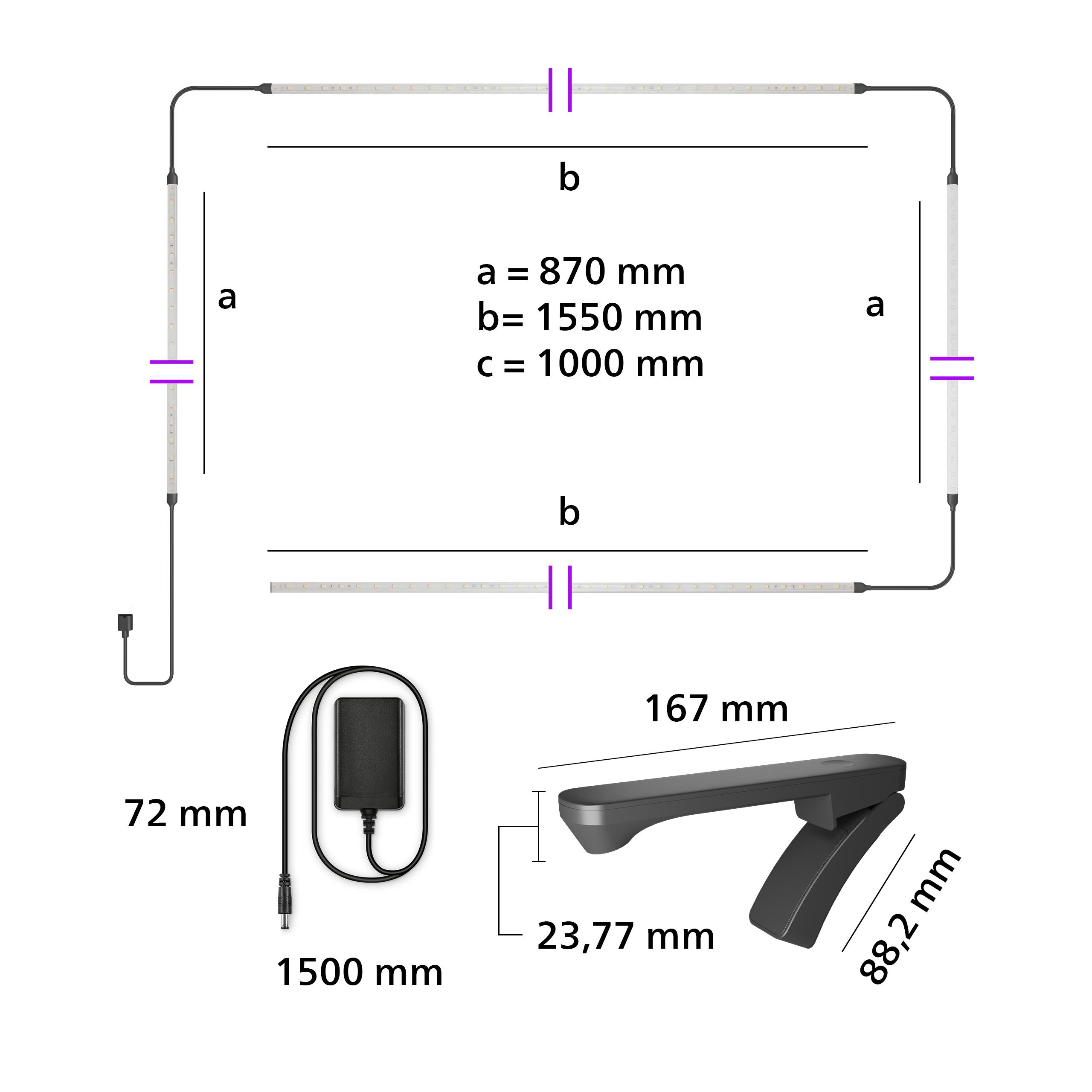 Diagramm mit LED-Streifen-Abmessungen, Netzteil und Steuereinheit mit Maßen.