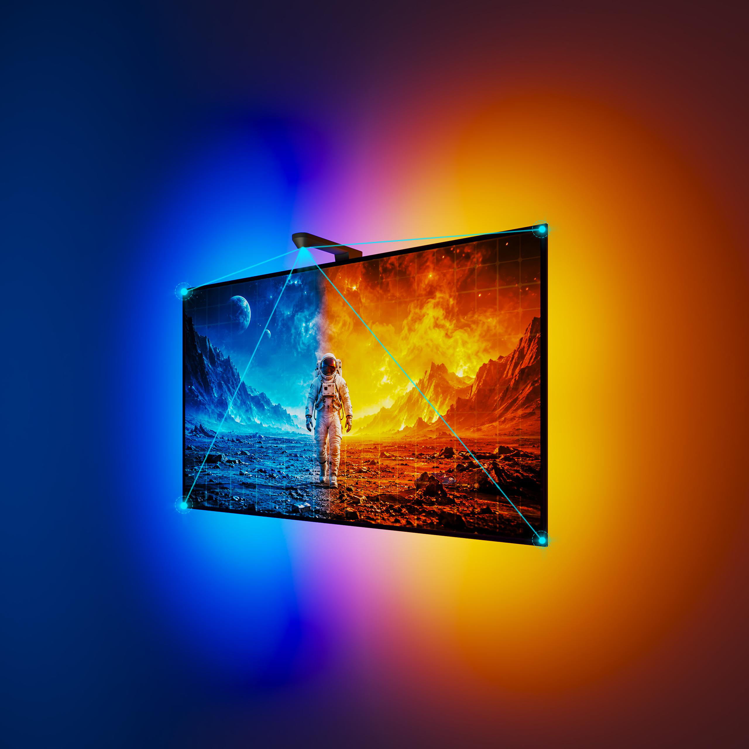 Ein Bildschirm zeigt einen Astronauten in einer blauen und orangen Landschaft, beleuchtet durch eine intelligente Lampe.