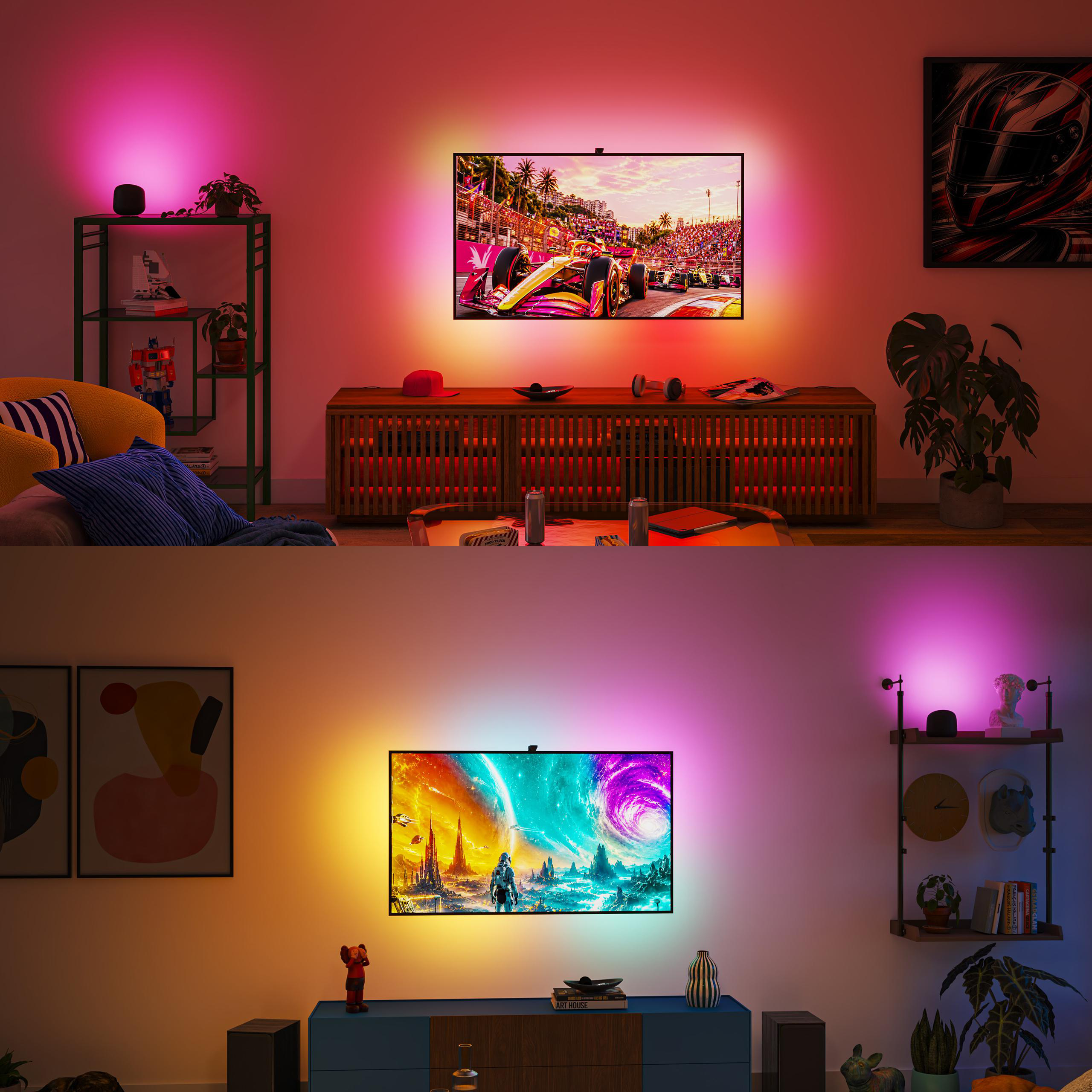 Zwei gestaltete Wohnzimmer mit wandmontierten Fernsehern, die bunte Szenen und Hintergrundbeleuchtung zeigen.