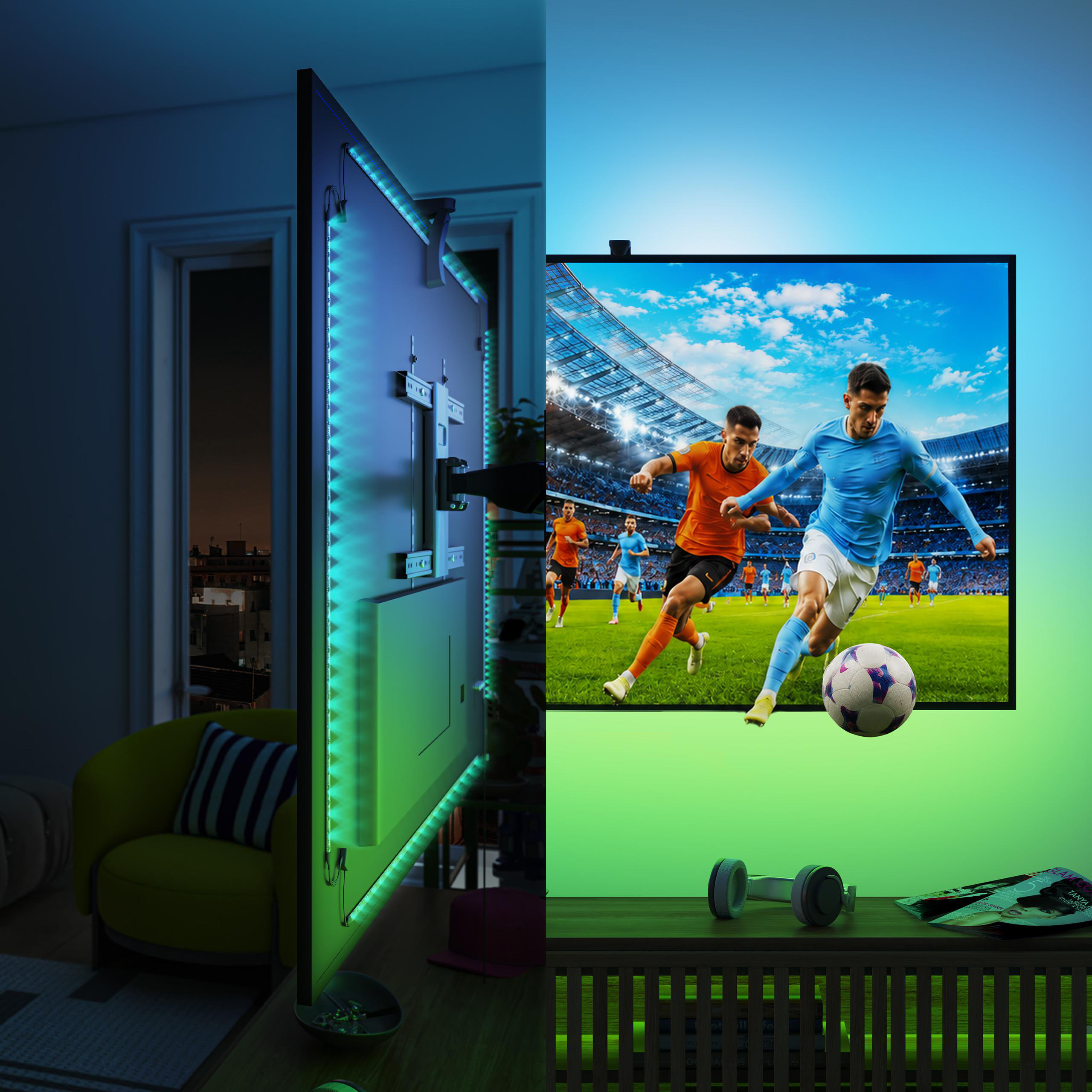 Ein Fernseher zeigt ein Fußballspiel mit Hintergrundbeleuchtung, die Rückseite zeigt grüne LED-Lichter im Raum.