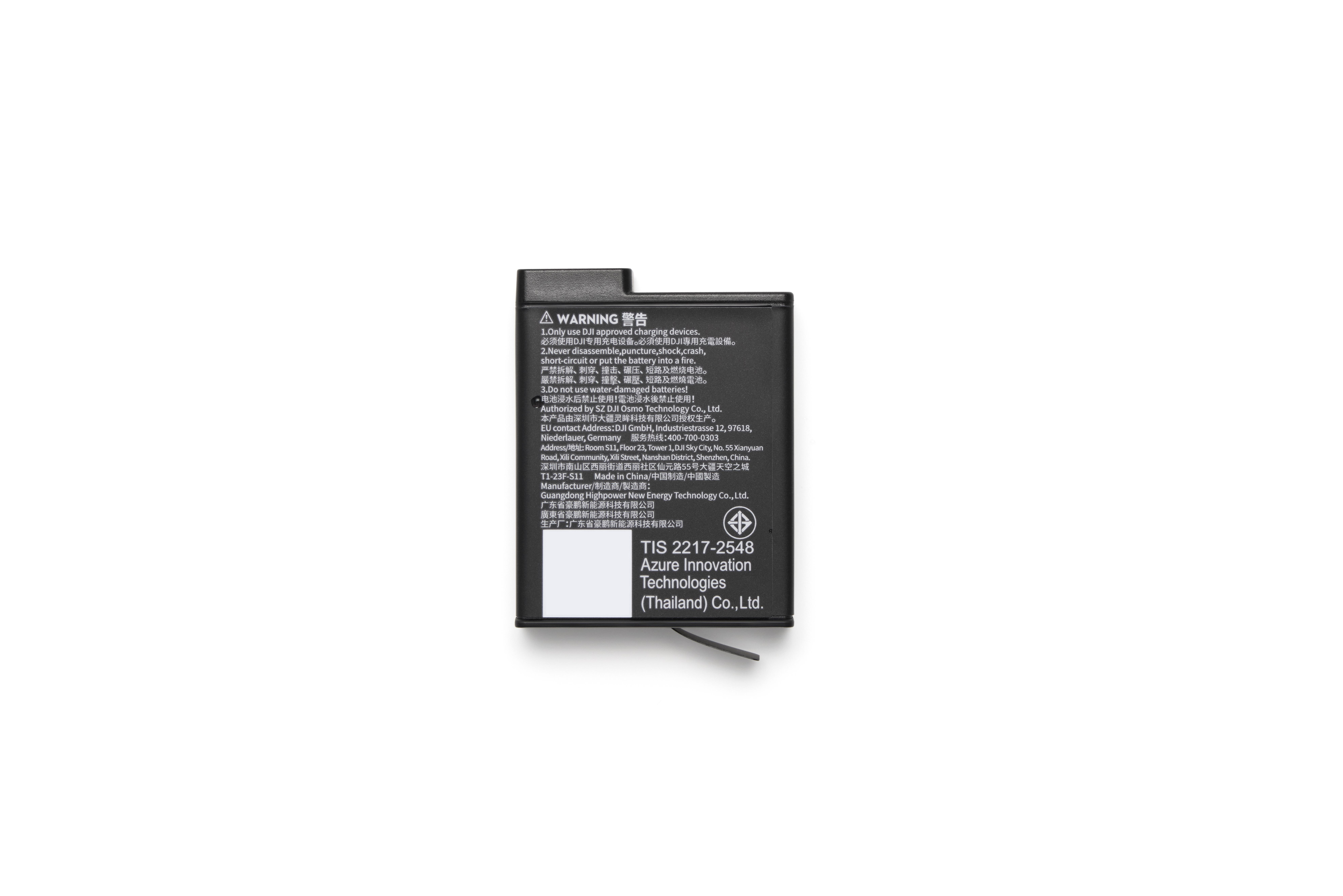Eine schwarze Lithium-Ionen-Batterie mit englischen und chinesischen Warntexten.
