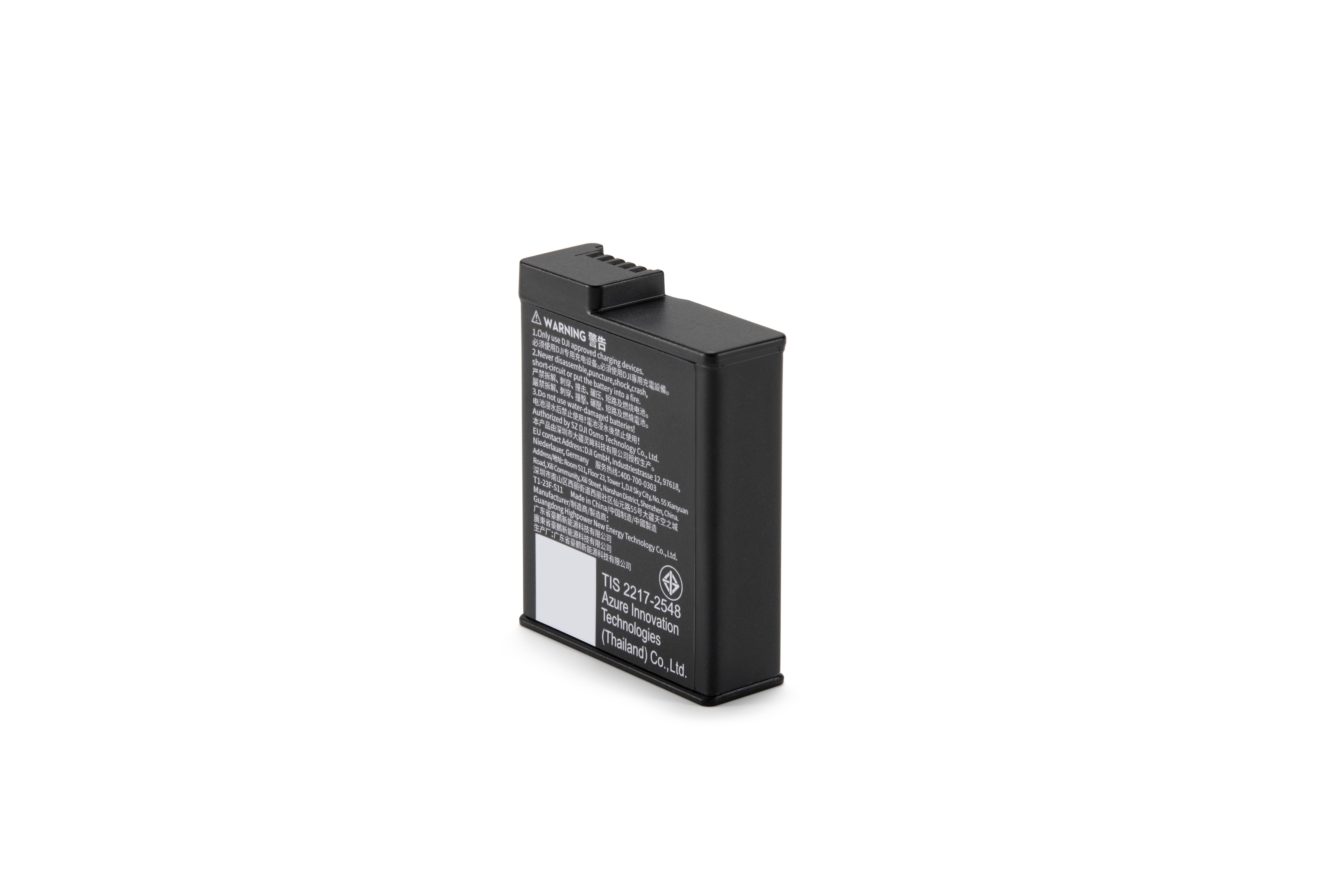 Eine rechteckige schwarze Batterie mit detaillierten Warnhinweisen und Texten auf der Seite gegen einen weißen Hintergrund.