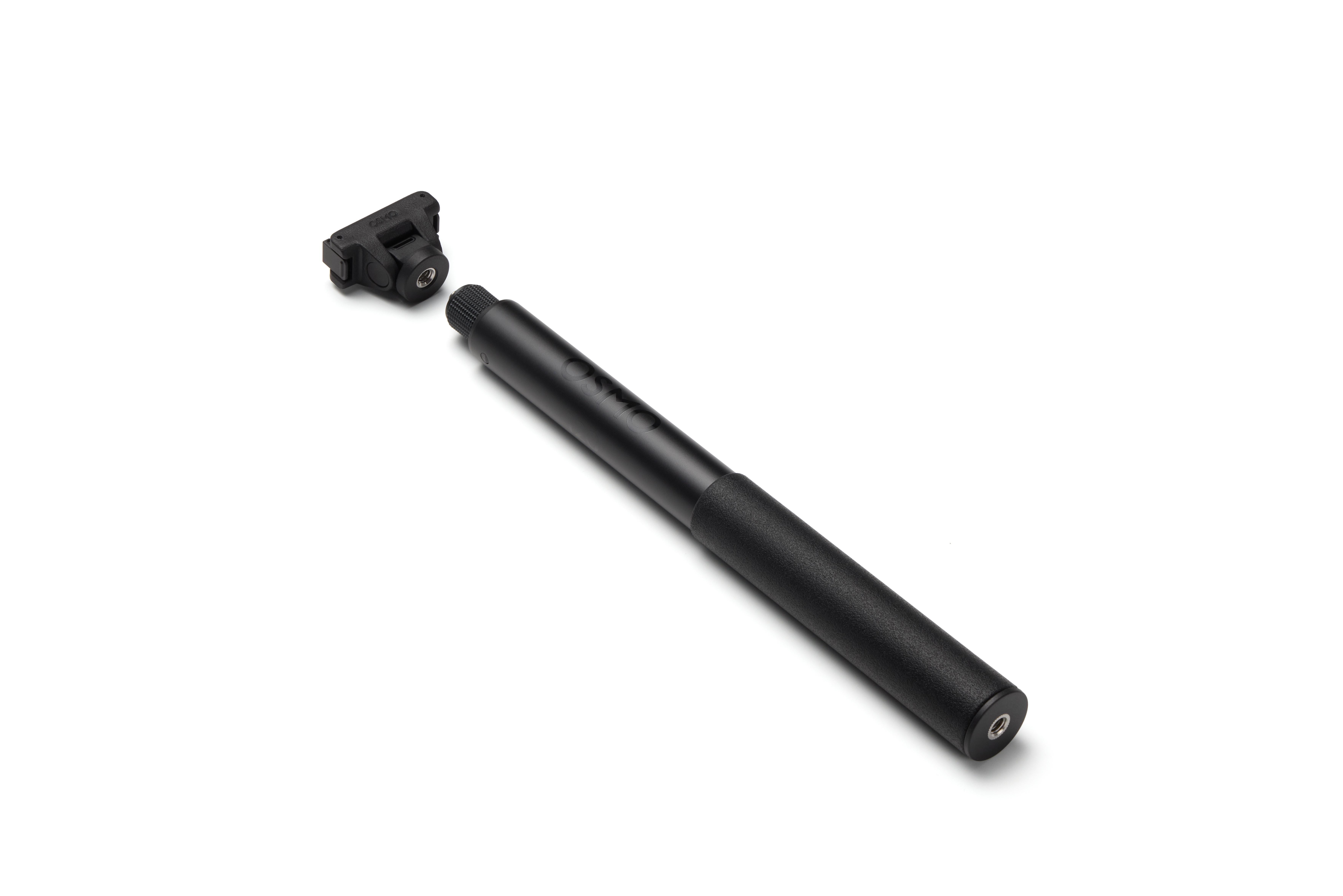Eine schwarze DJI Osmo Verlängerungsstange mit Aufsatz auf weißem Hintergrund.