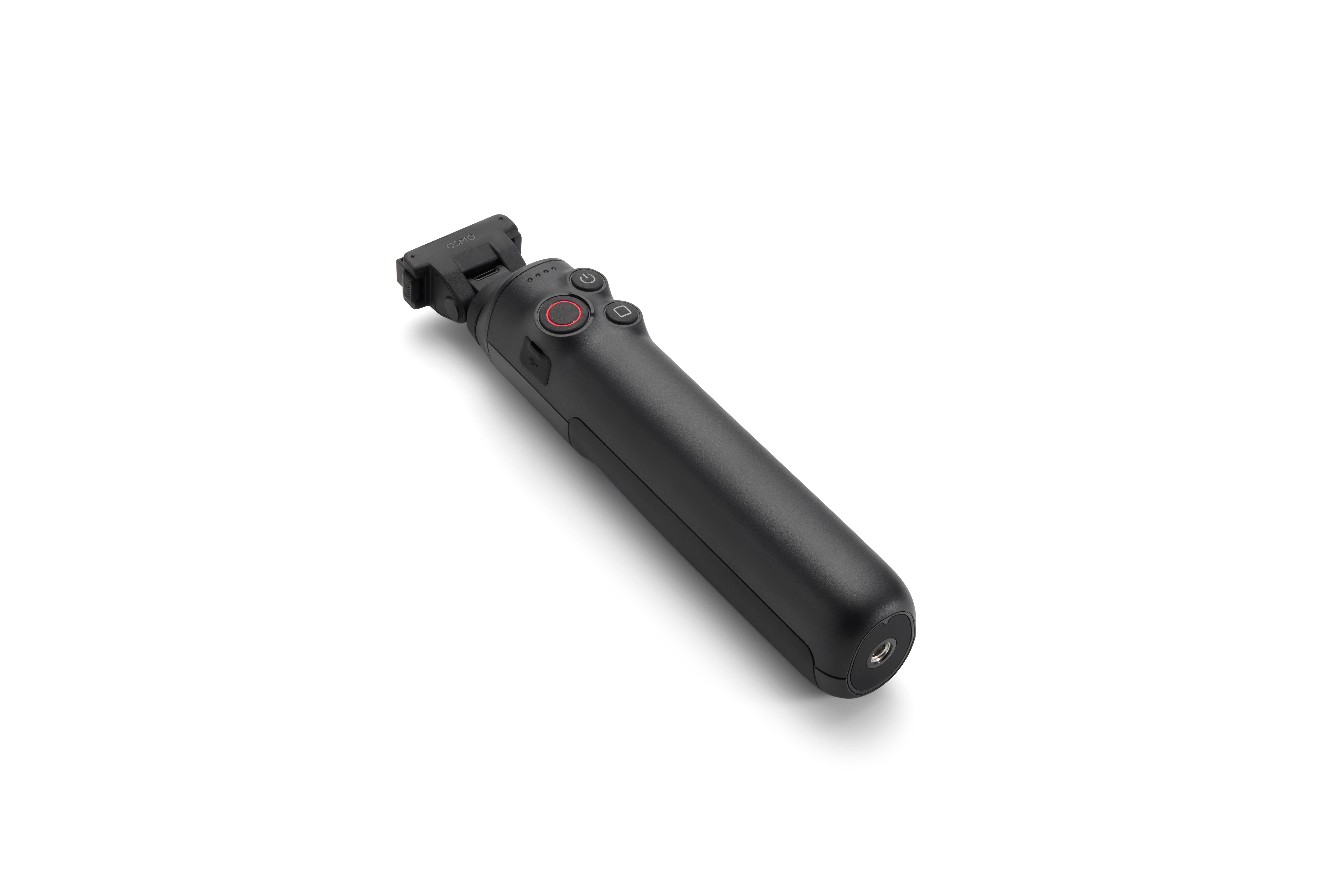 Ein schwarzer Osmo-Handgriff mit Tasten und einem Stativgewinde auf weißem Hintergrund.