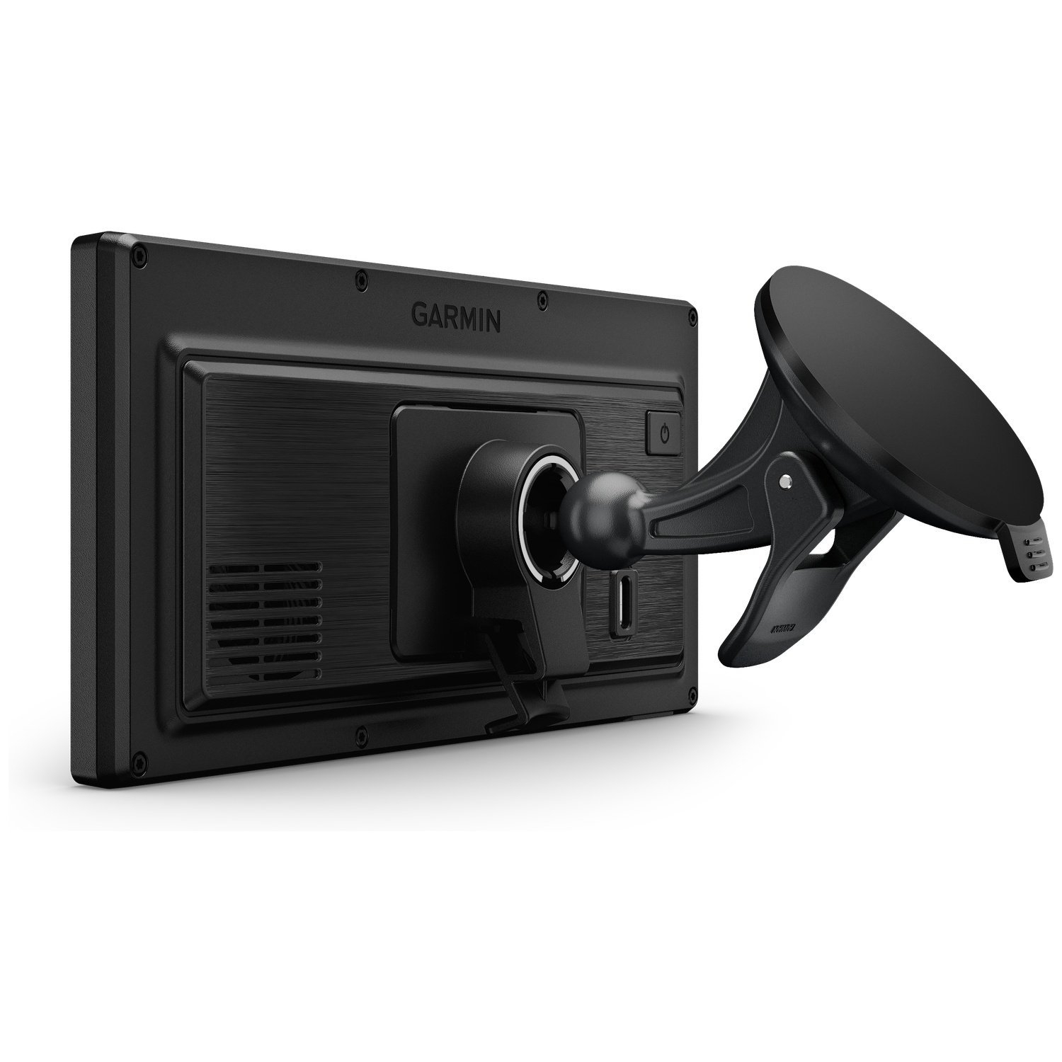 Rear view of a black Garmin GPS device with an attached suction cup mount against a white background.