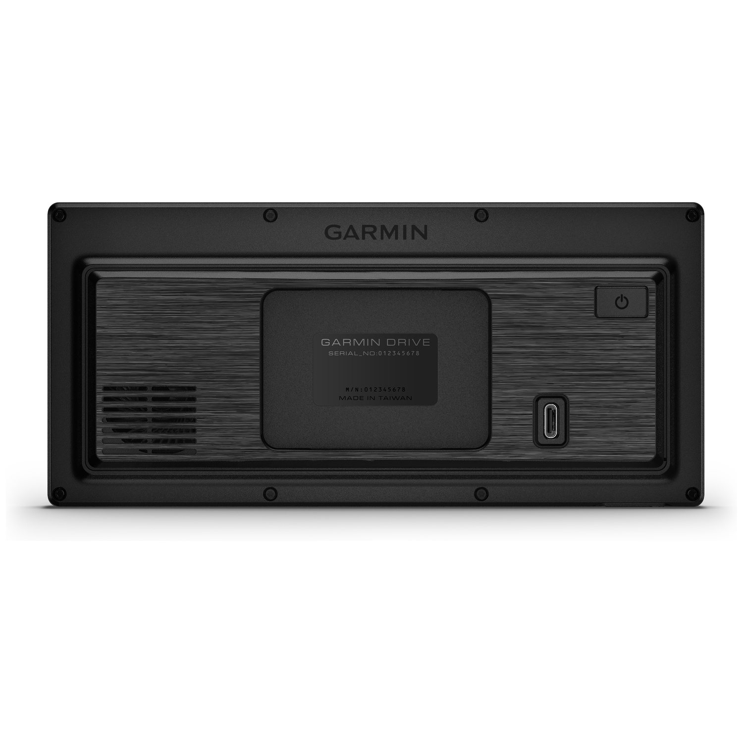Back of a black Garmin Drive GPS unit showing a USB-C port, power button, speaker grille, and product label.
