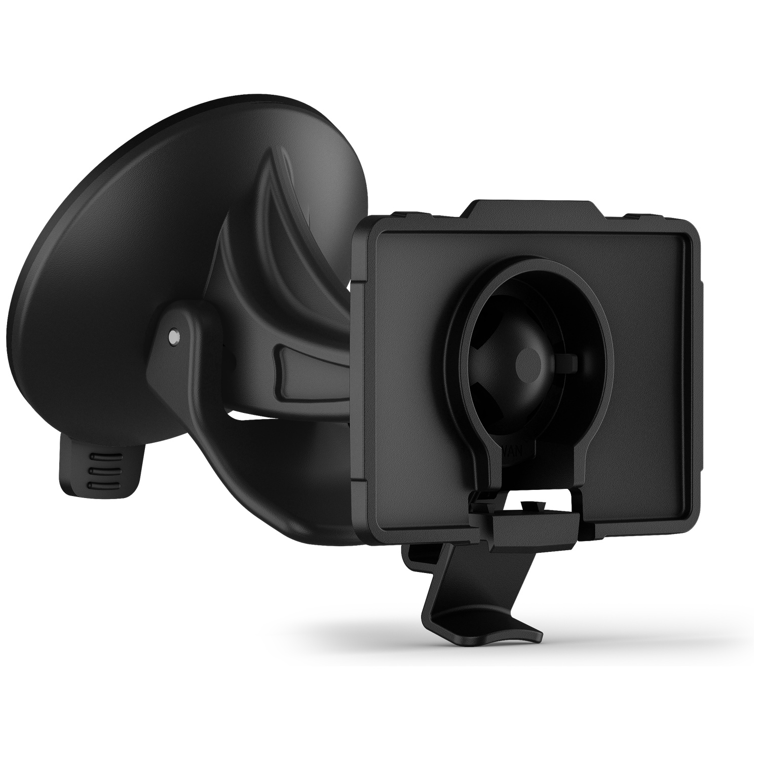 A black GPS suction cup mount with a mounting plate on a white background.