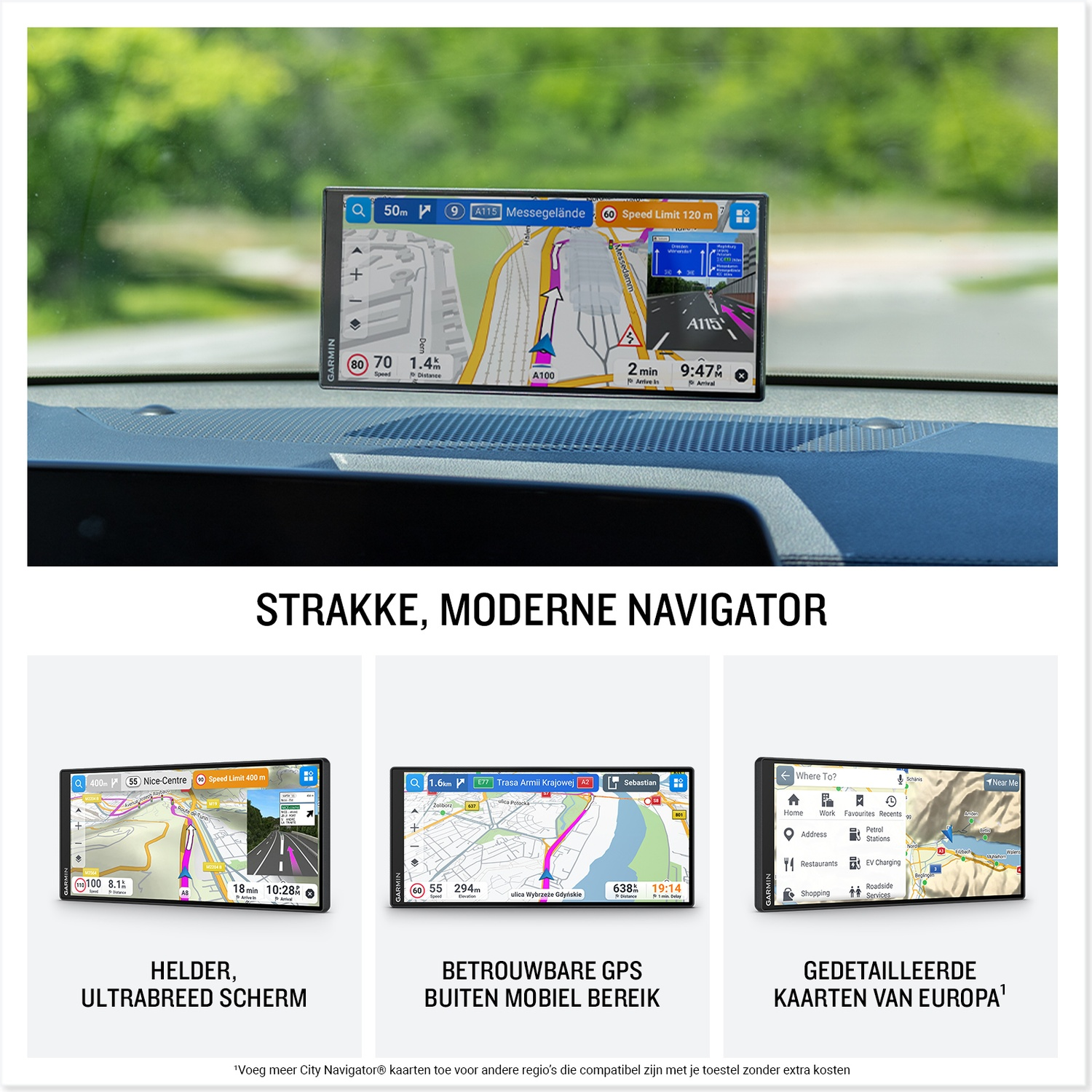 A Garmin navigator on a car dashboard, with three smaller screens below showing maps and menus.
