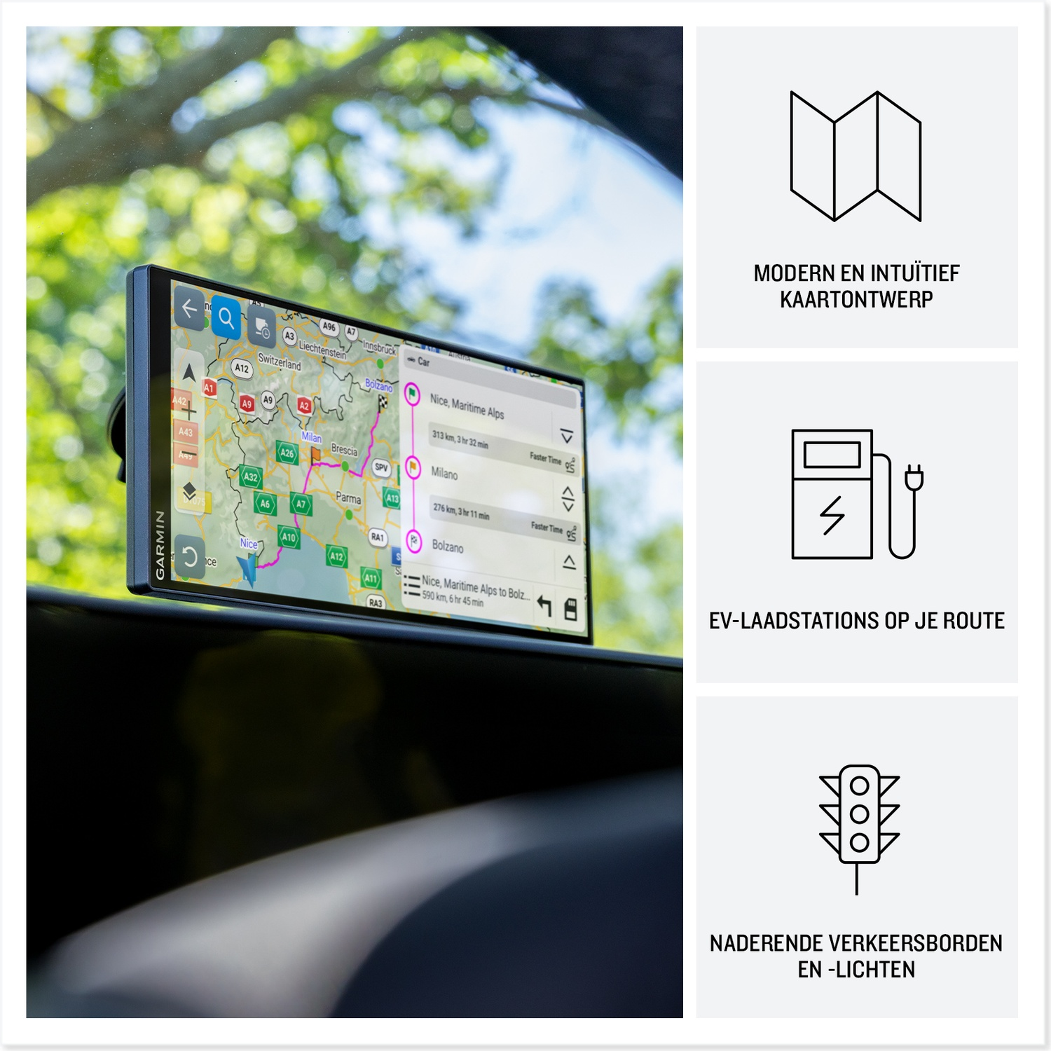 Garmin navigation device on a dashboard showing a route map and three feature icons with text.
