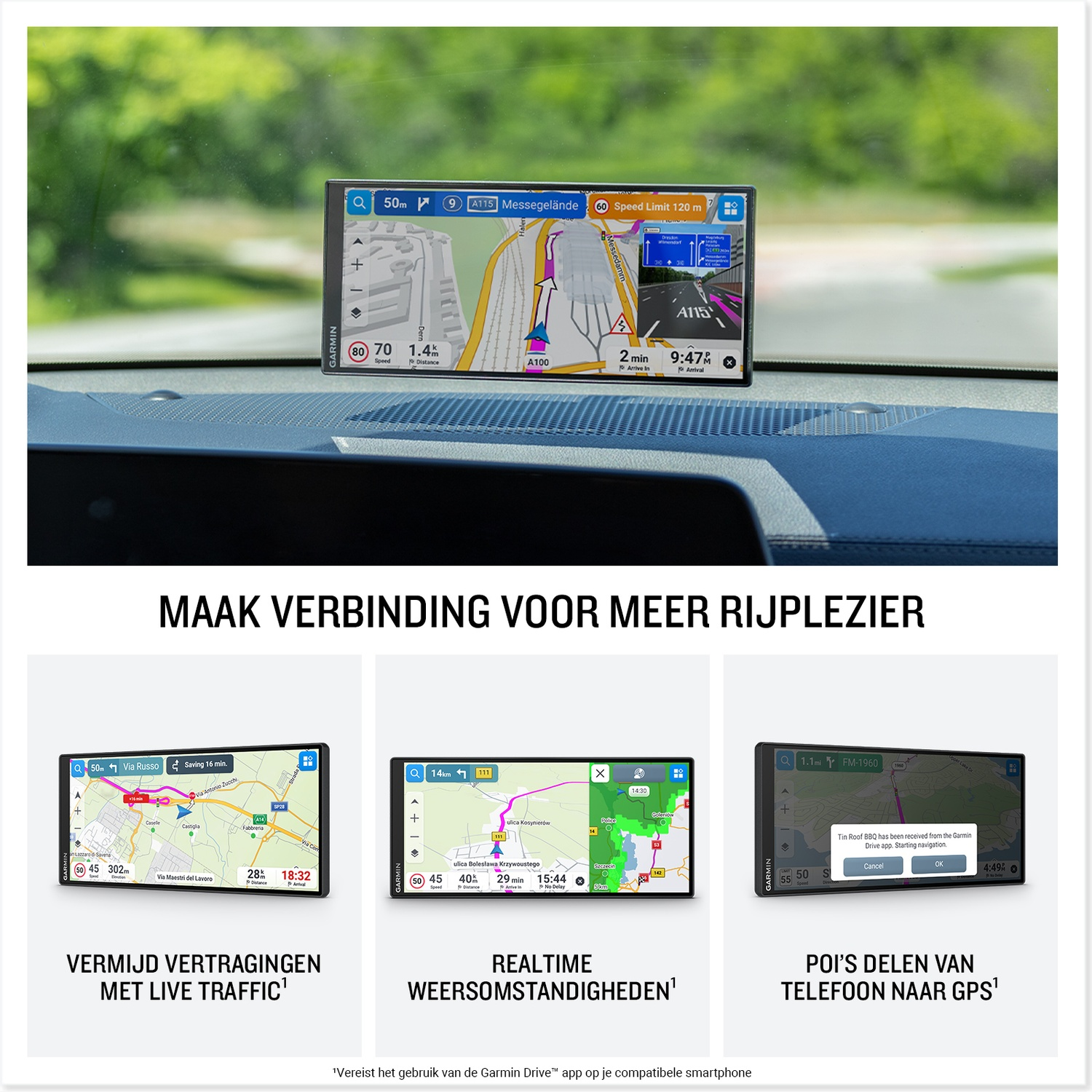 Garmin GPS unit on car dash showing various maps and live traffic features on its screen.