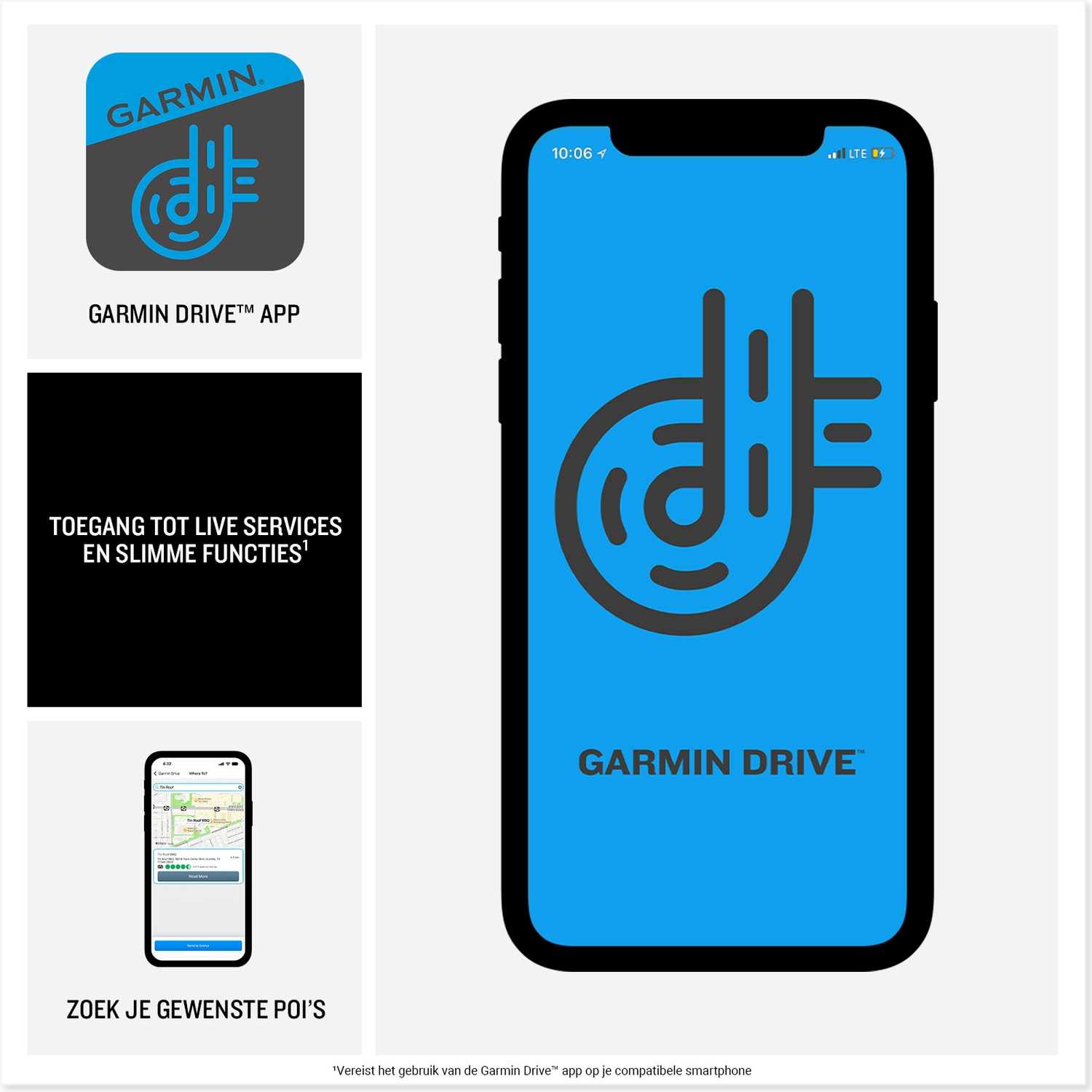 Garmin Drive app on a smartphone, featuring live services and POI search.