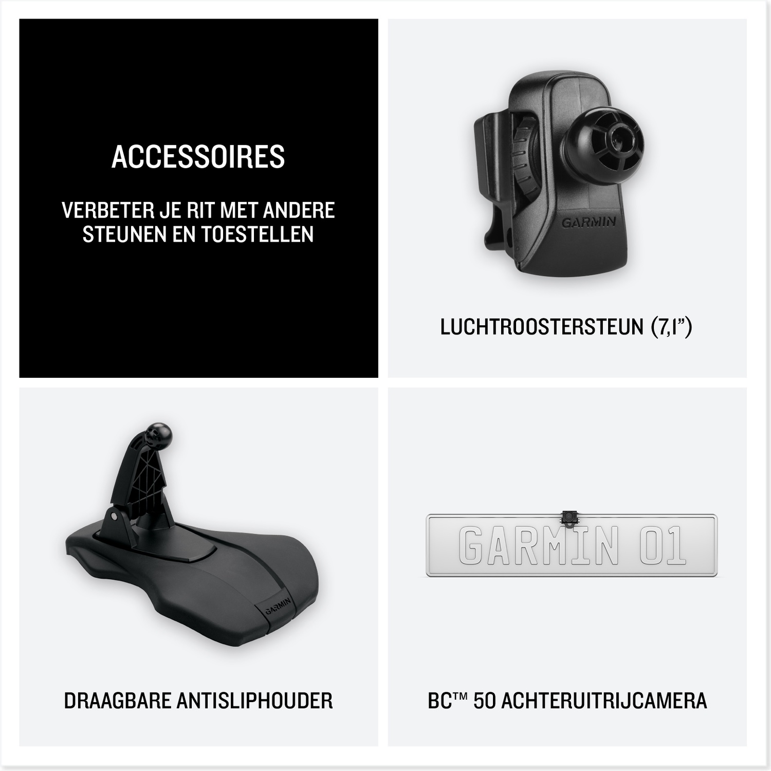 Garmin accessories overview showing a vent mount, portable friction mount, and a backup camera.