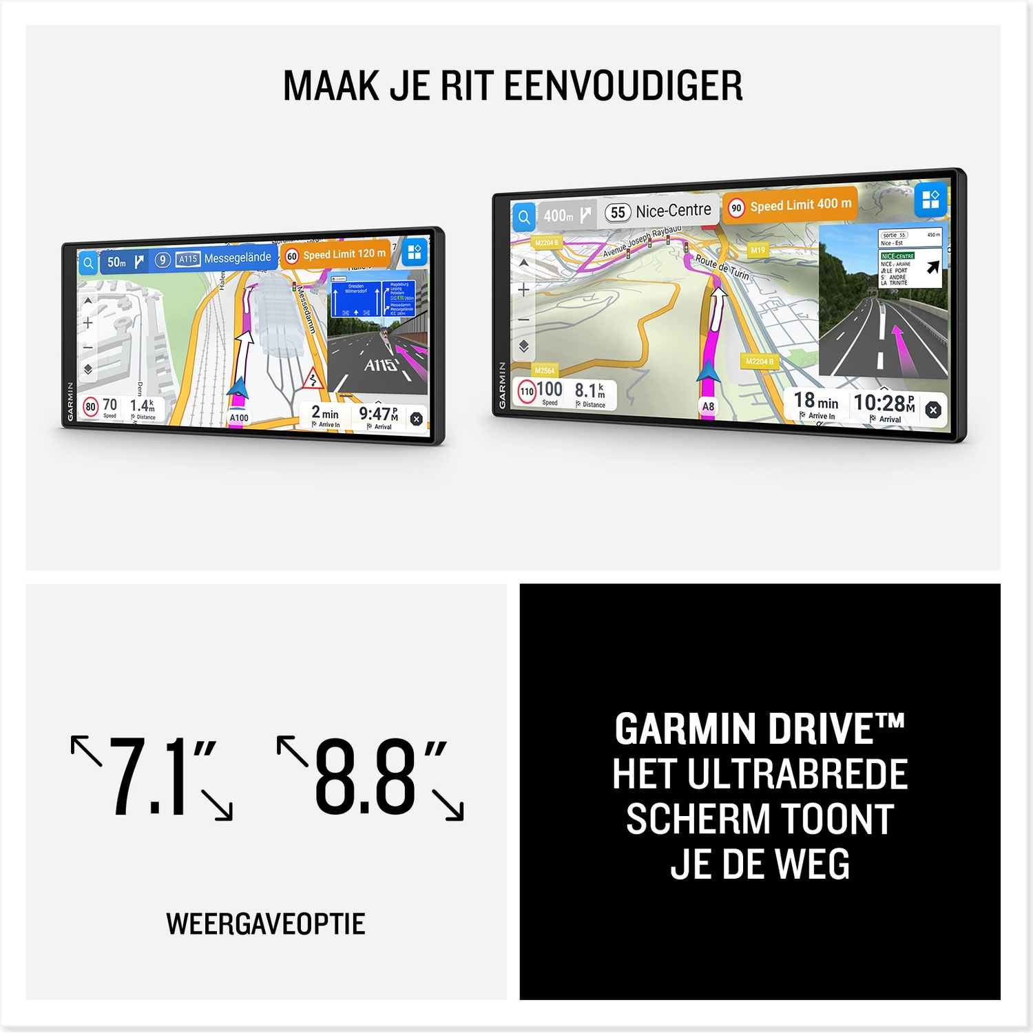 Two Garmin navigation devices show different screen sizes and map views.