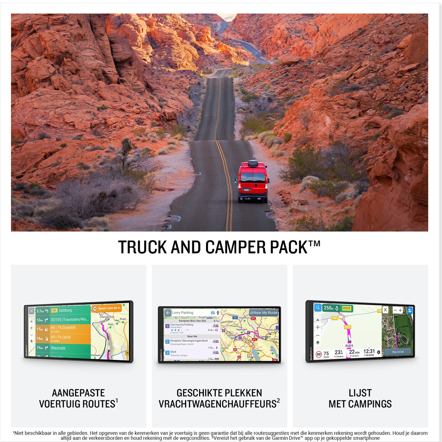 A red camper drives through a red rocky canyon on a road, with three navigation devices below.