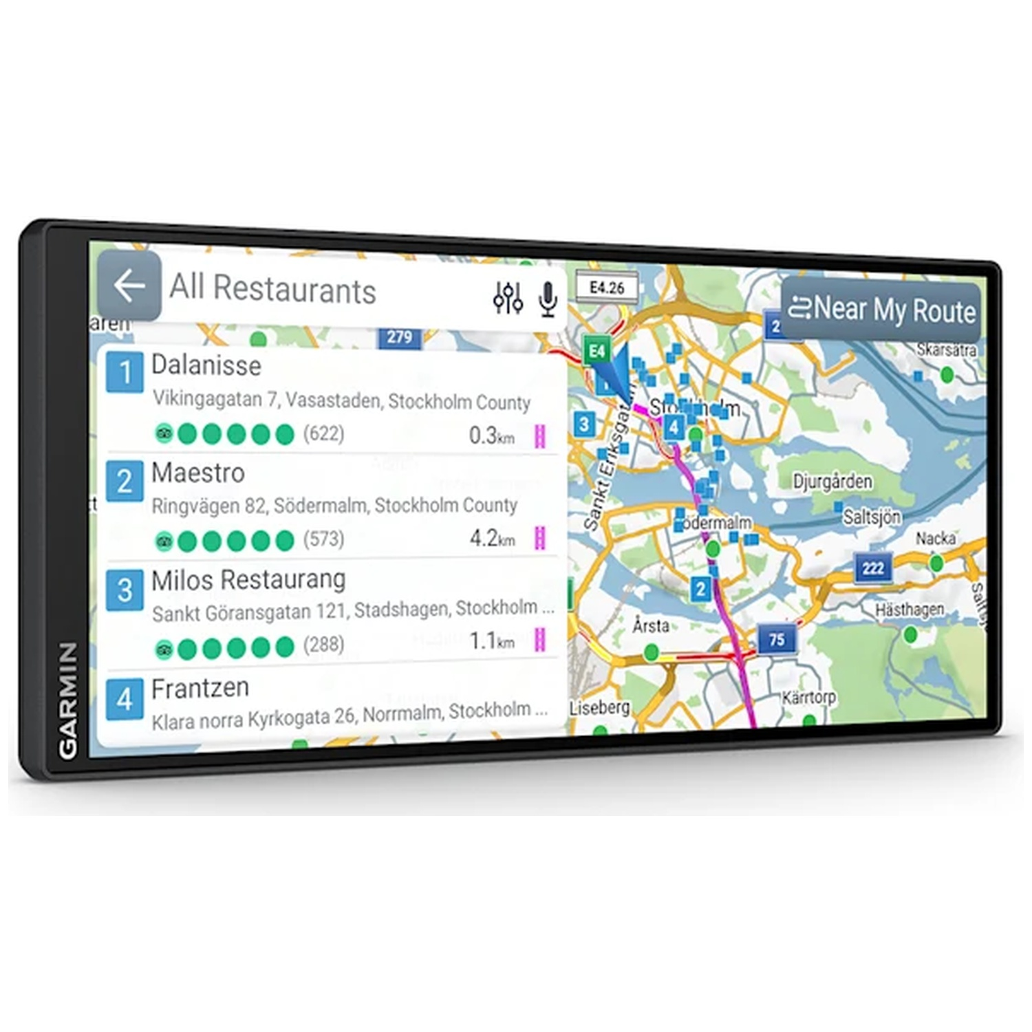 A Garmin GPS device displays a list of restaurants and a street map of Stockholm.