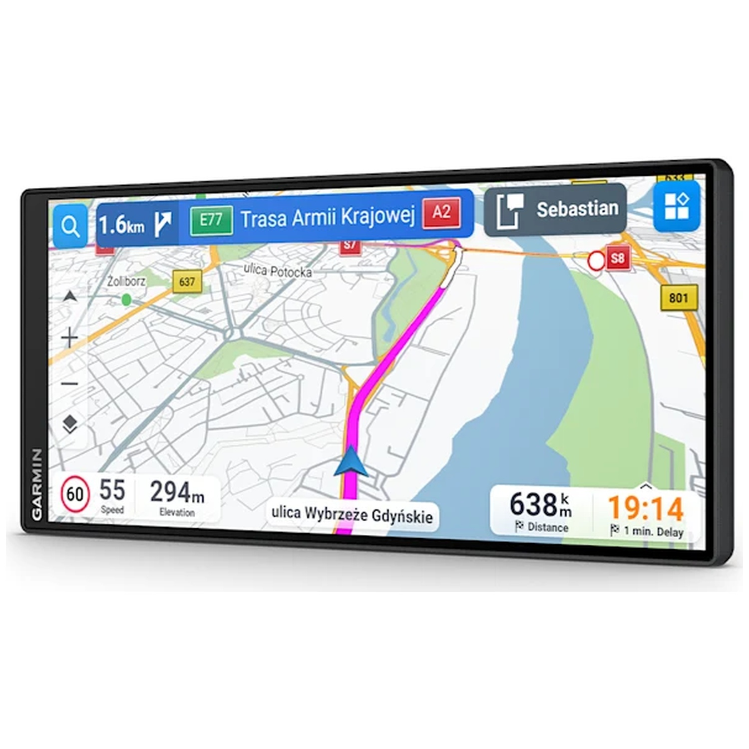 Garmin navigation device displaying a digital street map with a magenta route, river, and street names.