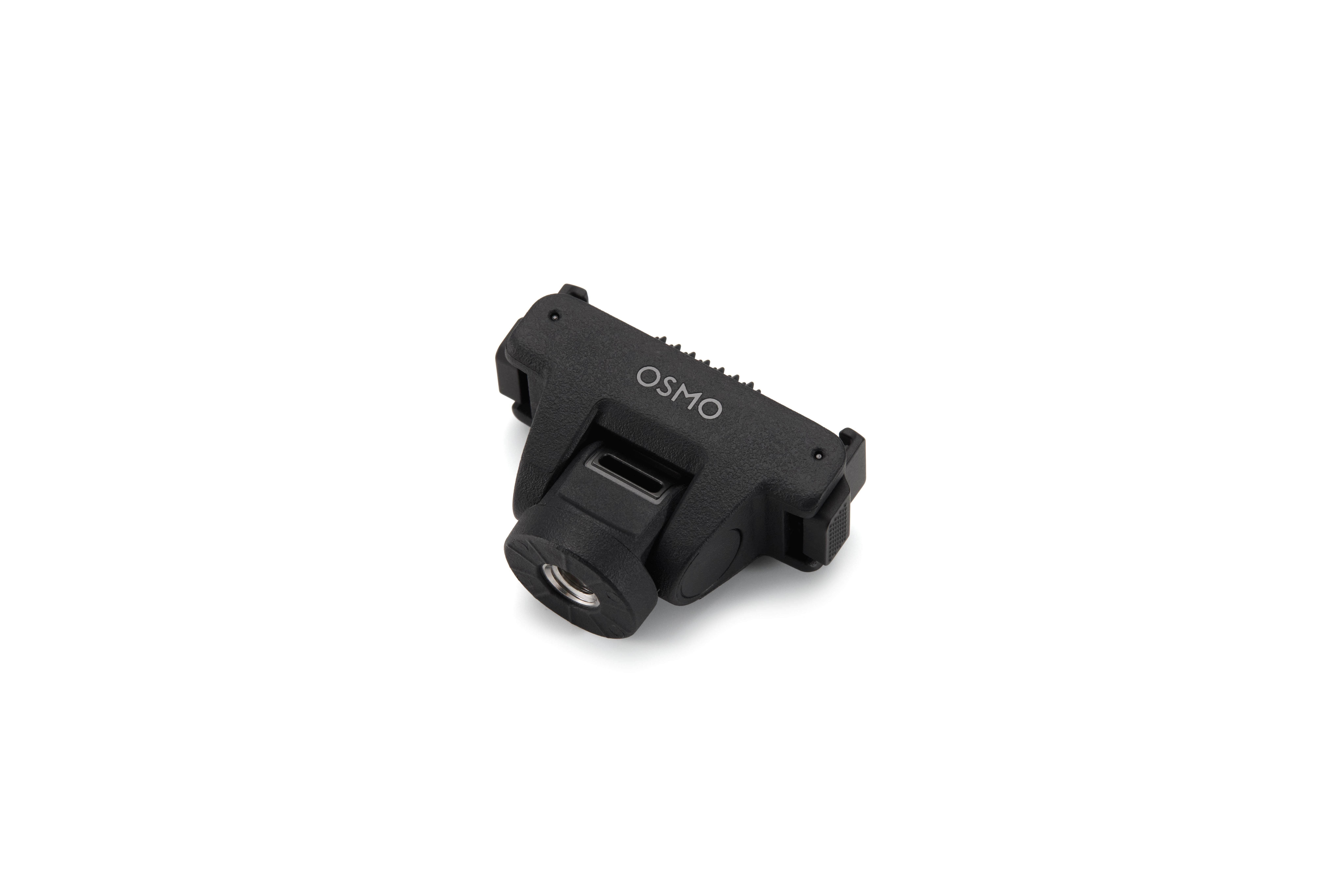 Ein schwarzer DJI Osmo-Adapter mit einem Gewinde auf einer weißen Oberfläche.